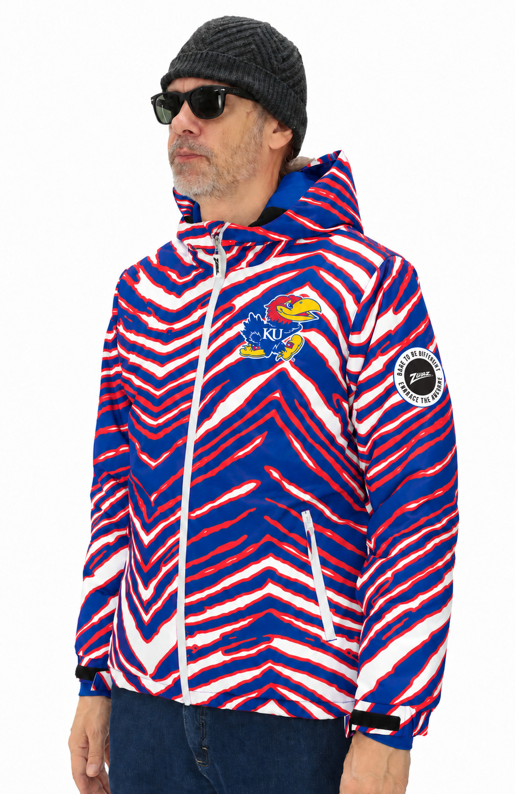 Zubaz NCAA Kansas Jayhawks Adult Unisex Team Color Zebra Bleacher Blazer Snow Jacket — front hood down with circular Zubaz sleeve patch