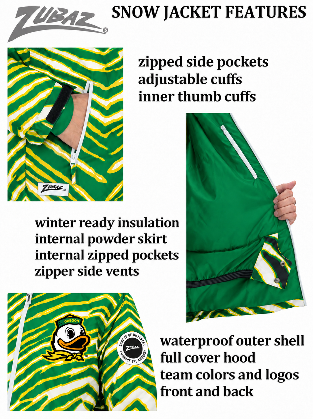 Zubaz NCAA Oregon Ducks Adult Unisex Team Color Zebra Bleacher Blazer Snow Jacket — features with circular Zubaz sleeve patch