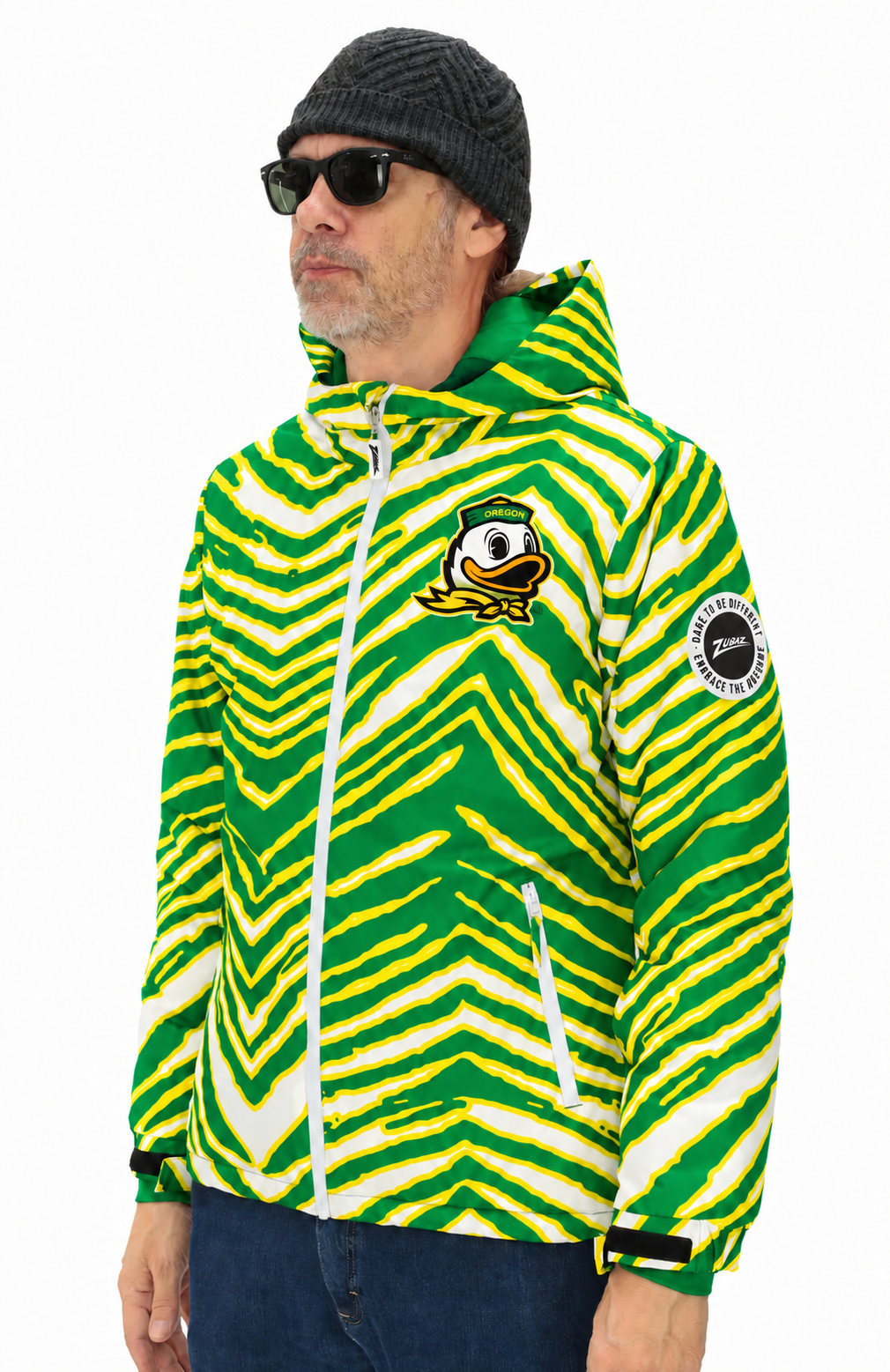 Zubaz NCAA Oregon Ducks Adult Unisex Team Color Zebra Bleacher Blazer Snow Jacket — front hood down with circular Zubaz sleeve patch