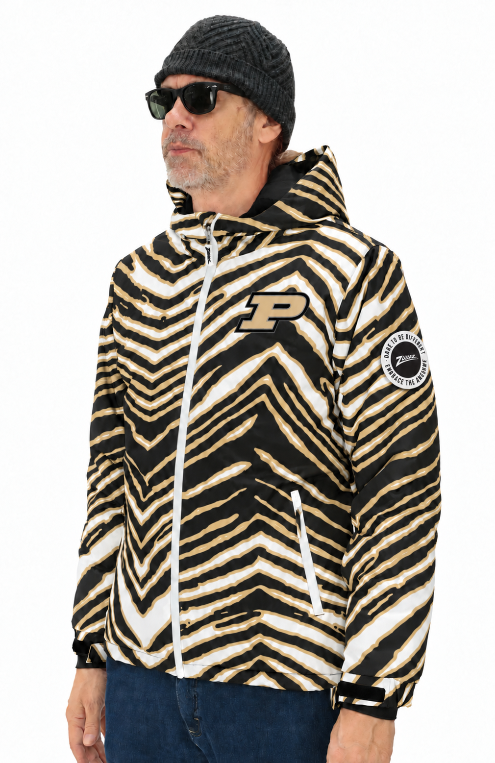 Zubaz NCAA Purdue Boilermakers Adult Unisex Team Color Zebra Bleacher Blazer Snow Jacket — front hood down with circular Zubaz sleeve patch