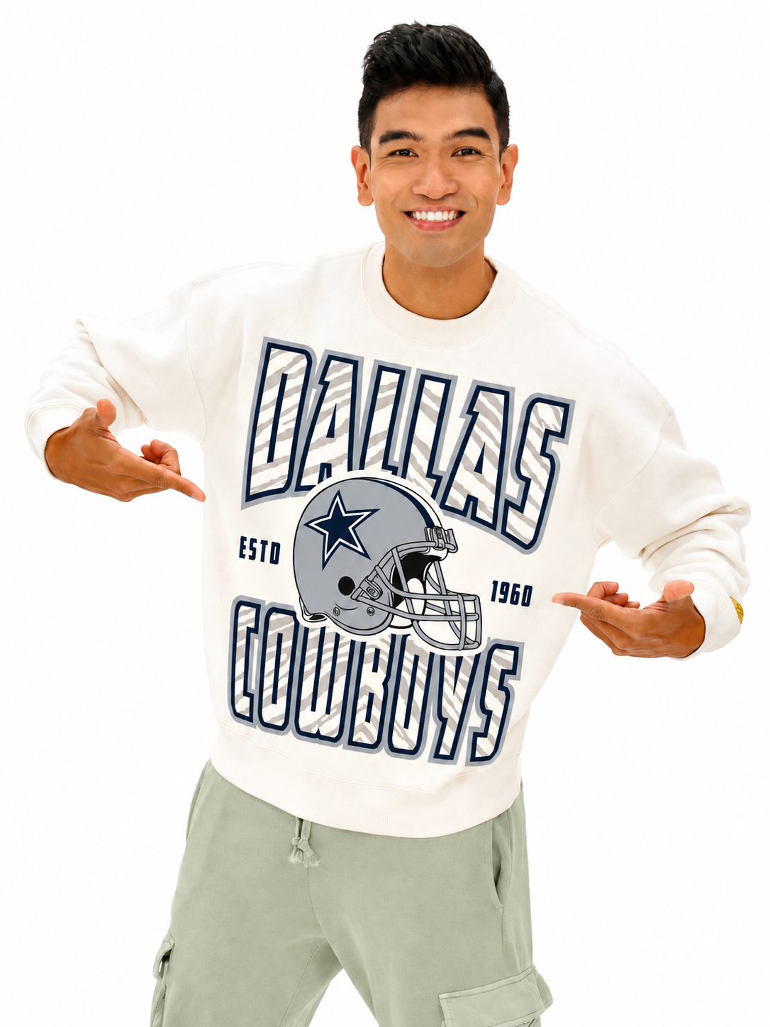 Zubaz NFL  UNISEX 90s Helmet Drop Shoulder Crewneck -Off White, DALLAS COWBOYS