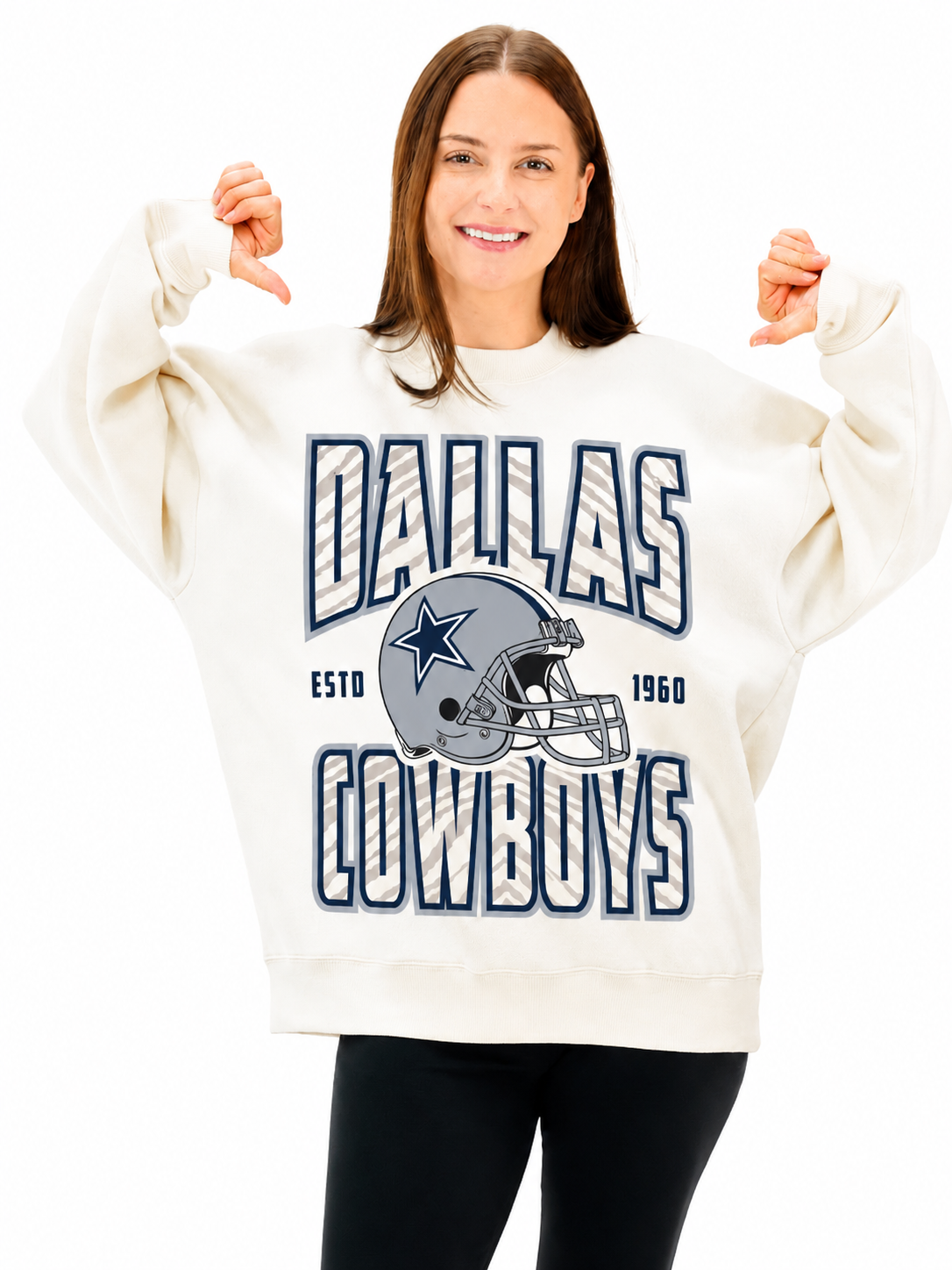Zubaz NFL  UNISEX 90s Helmet Drop Shoulder Crewneck -Off White, DALLAS COWBOYS