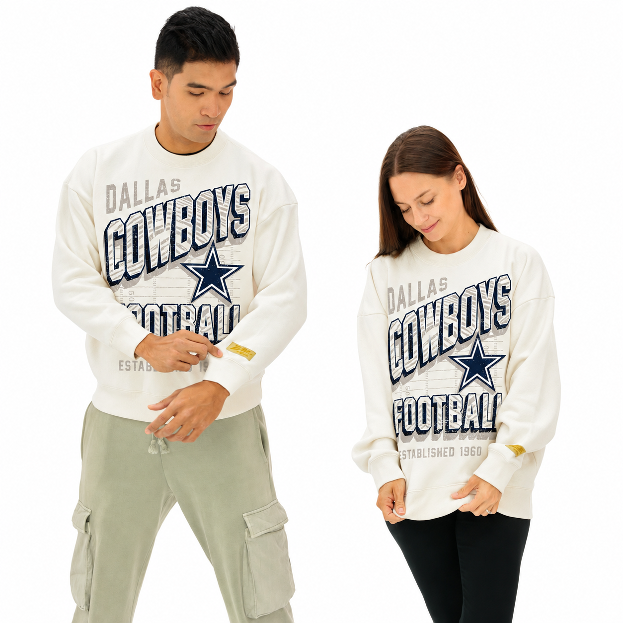 Zubaz NFL  UNISEX 90s Vintage First Down Drop Shoulder Crewneck- Off White, DALLAS COWBOYS