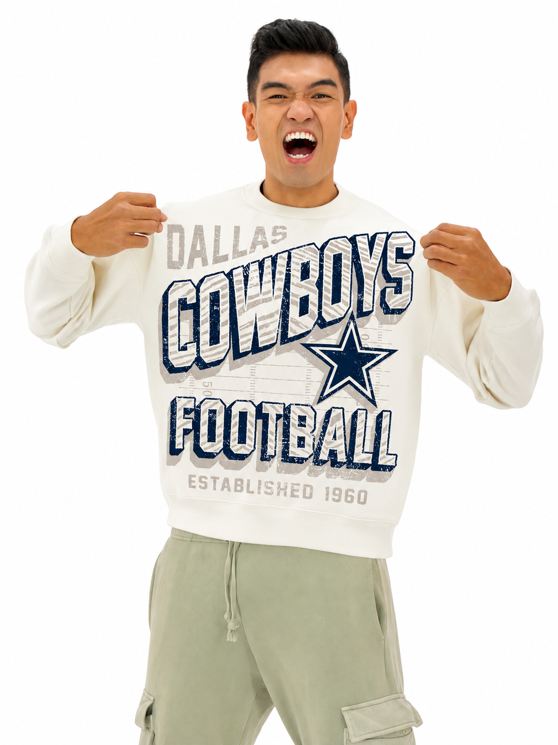 Zubaz NFL  UNISEX 90s Vintage First Down Drop Shoulder Crewneck- Off White, DALLAS COWBOYS