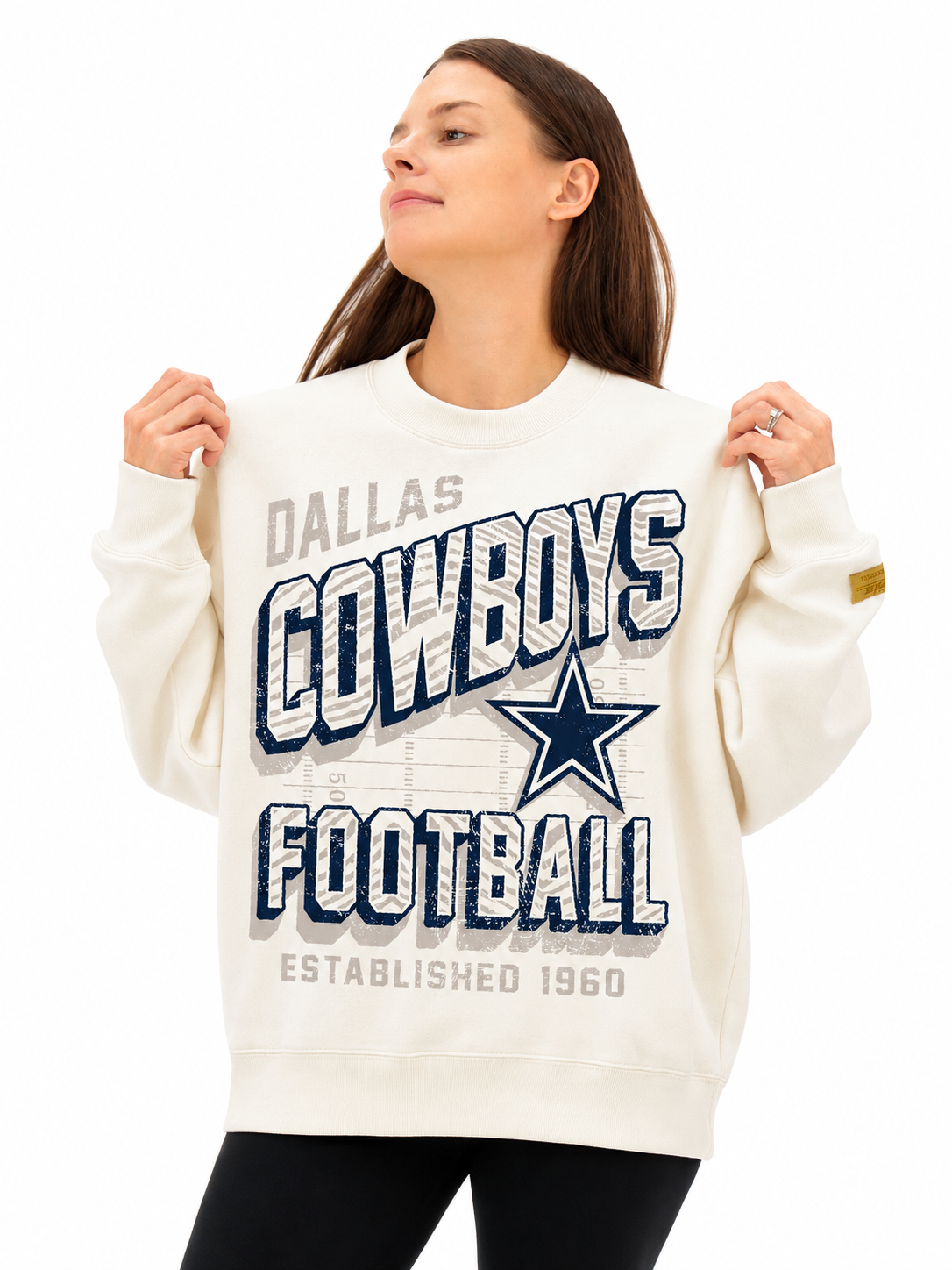 Zubaz NFL  UNISEX 90s Vintage First Down Drop Shoulder Crewneck- Off White, DALLAS COWBOYS