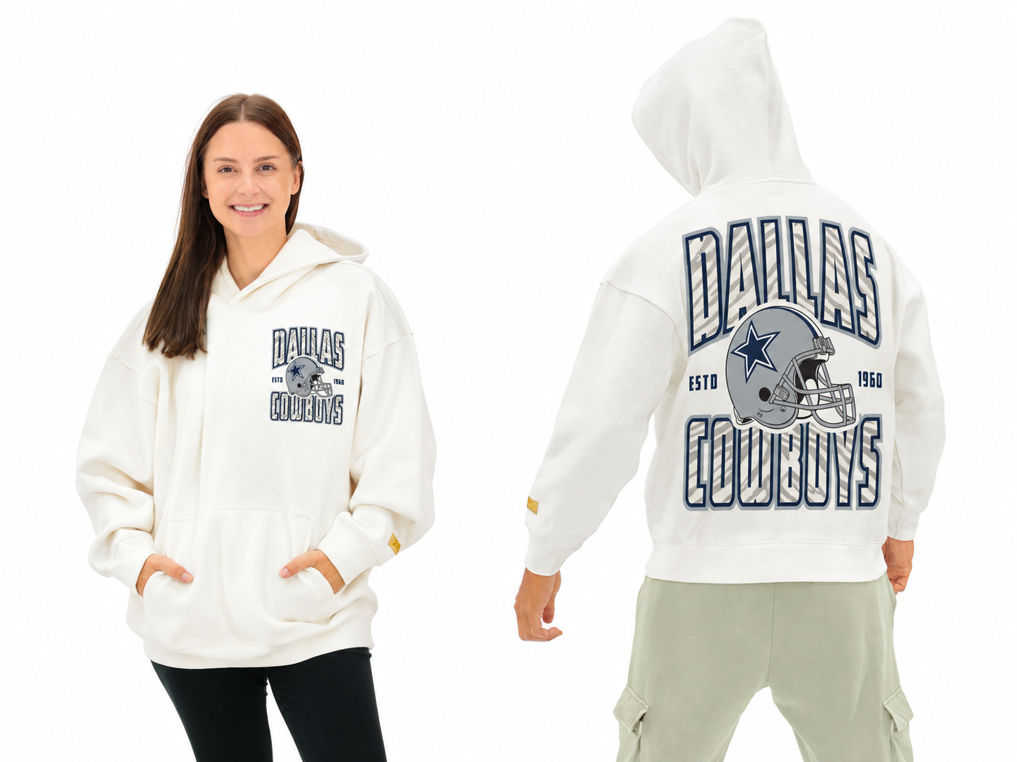 Zubaz NFL  UNISEX 90s Helmet Drop Shoulder Hoodies-Off White, DALLAS COWBOYS