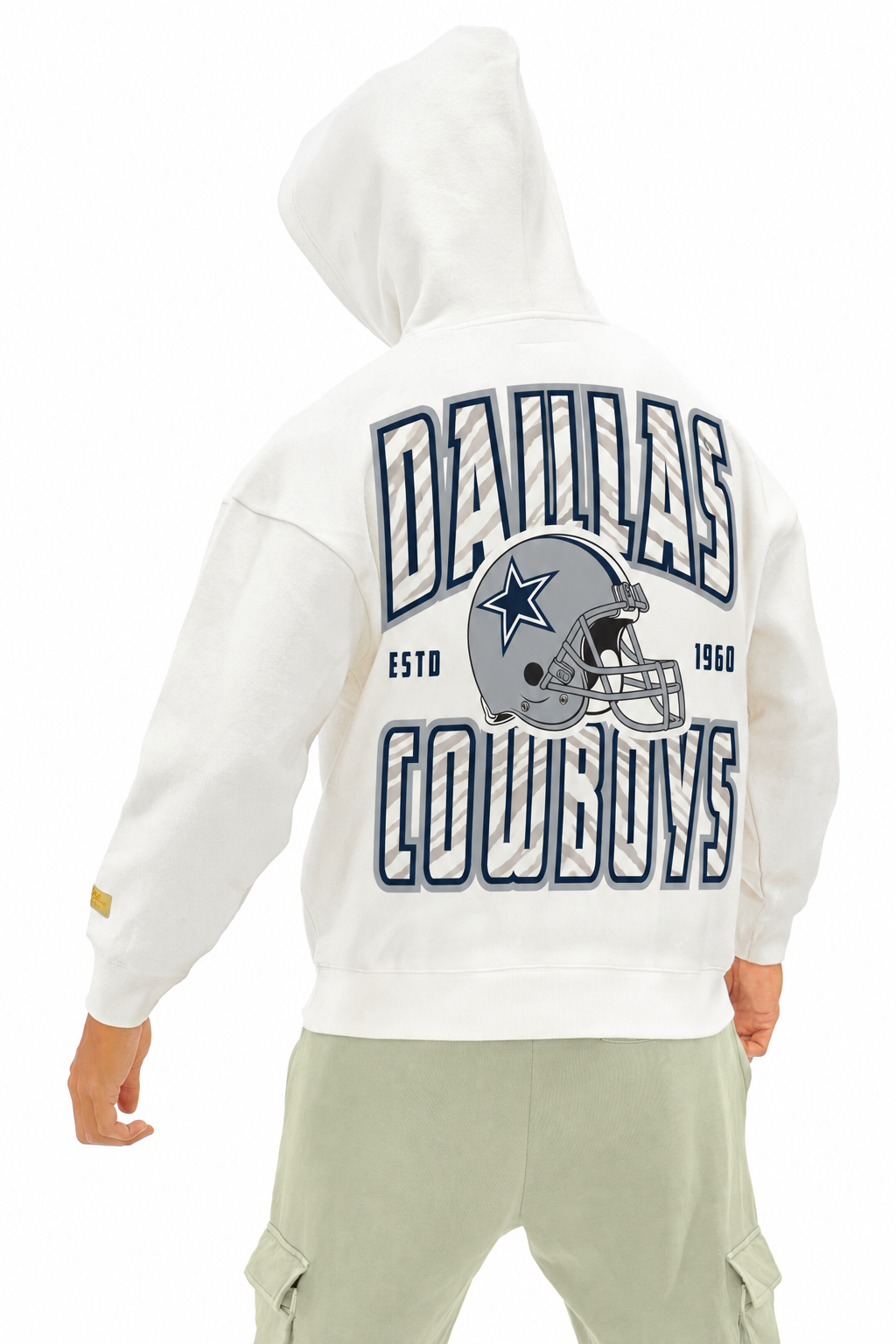 Zubaz NFL  UNISEX 90s Helmet Drop Shoulder Hoodies-Off White, DALLAS COWBOYS