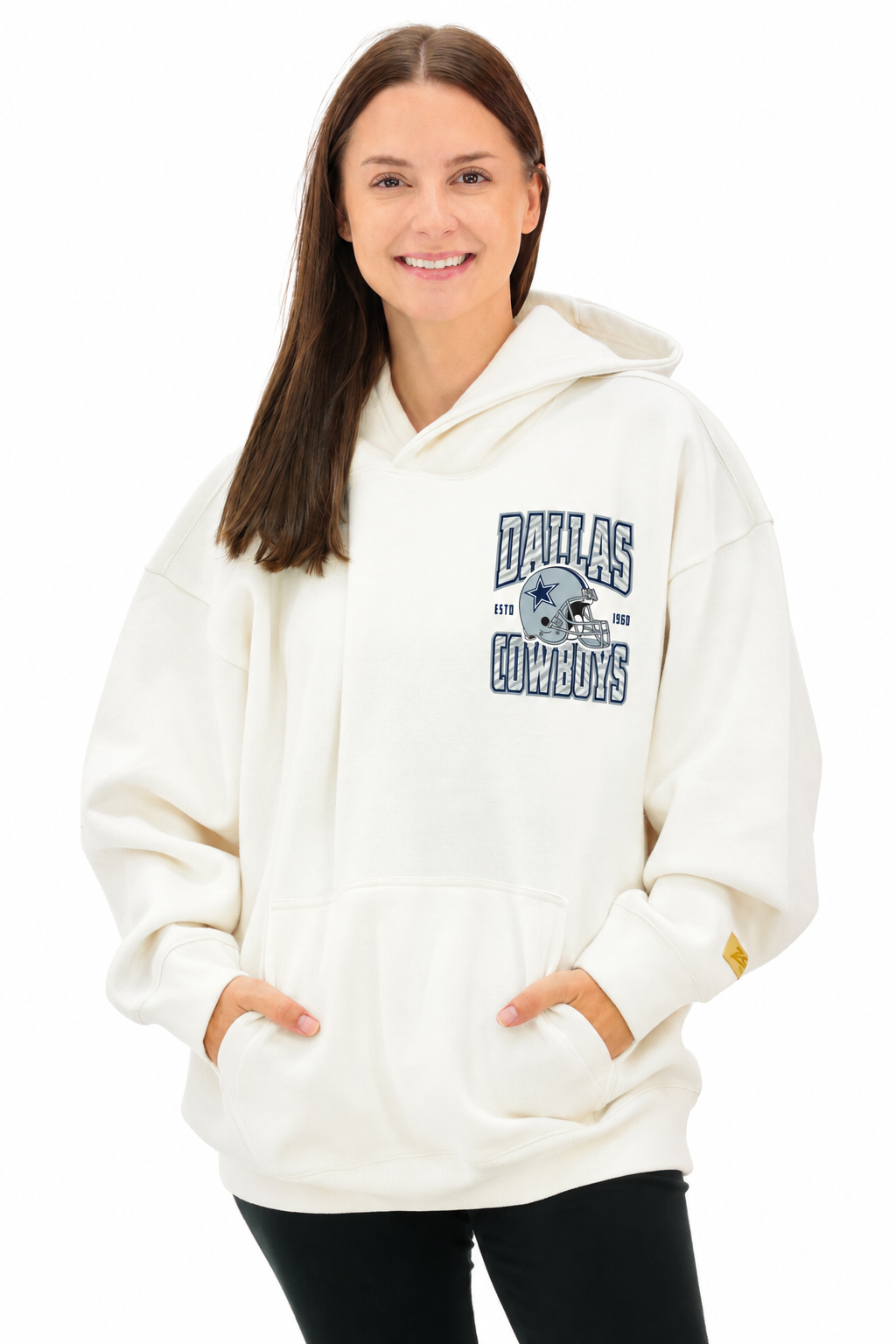 Zubaz NFL  UNISEX 90s Helmet Drop Shoulder Hoodies-Off White, DALLAS COWBOYS