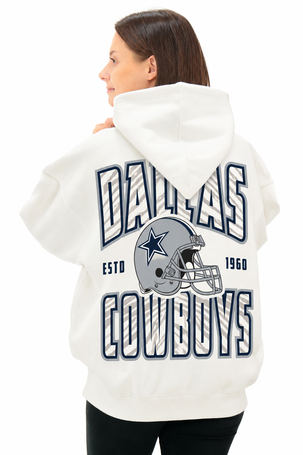 Zubaz NFL  UNISEX 90s Helmet Drop Shoulder Hoodies-Off White, DALLAS COWBOYS