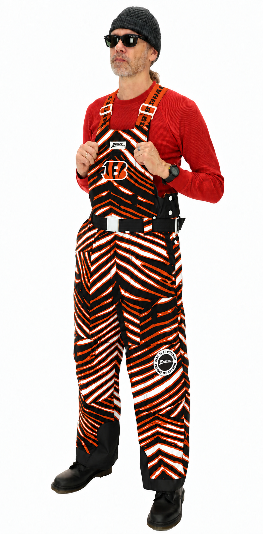 Zubaz NFL Cincinnati Bengals Adult Unisex Team Color Zebra Blizzard Snow Bib — front angle with Zubaz pocket patch