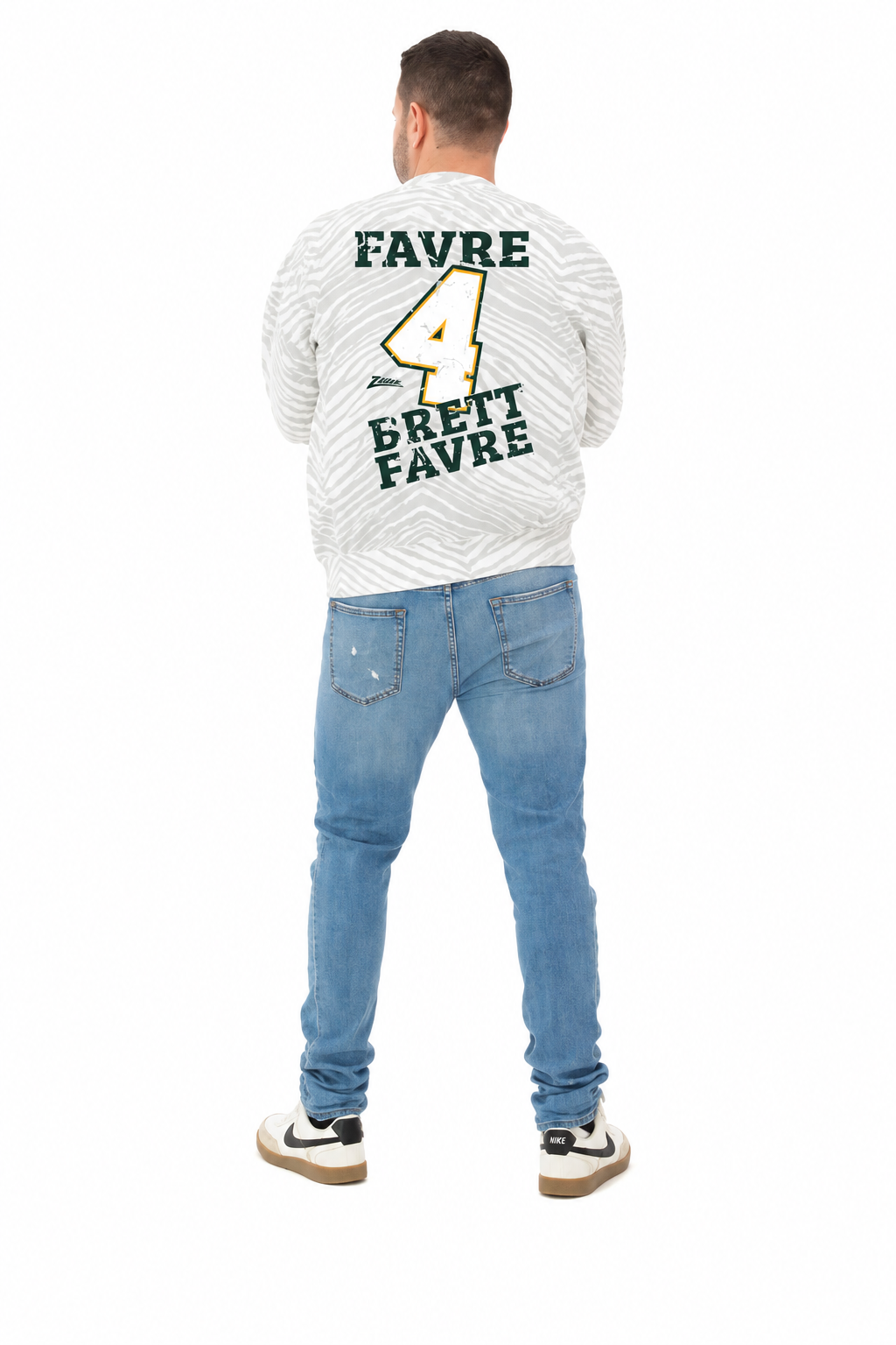 Zubaz NFL Unisex Legends 90s Vintage Full back Zebra Crewneck, Brett Favre-Green Bay Packers
