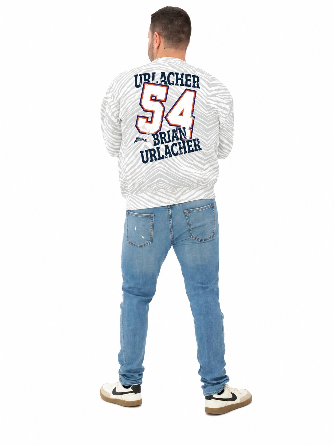 Zubaz NFL Unisex Legends 90s Vintage Full back Zebra Crewneck, Brian Urlacher-Chicago Bears
