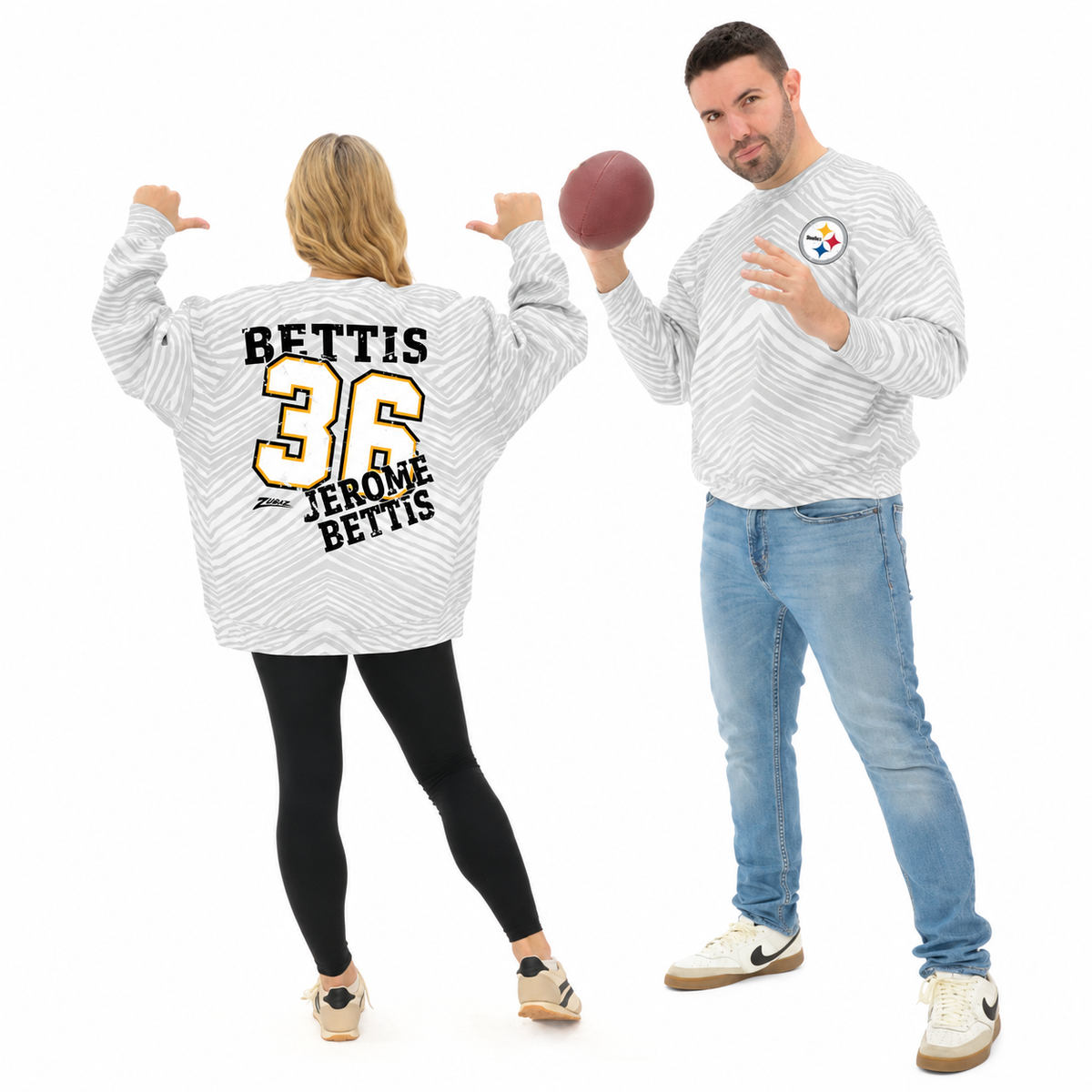 Zubaz NFL Unisex Legends 90s Vintage Full back Zebra Crewneck, Jerome Bettis-Pittsburgh Steelers