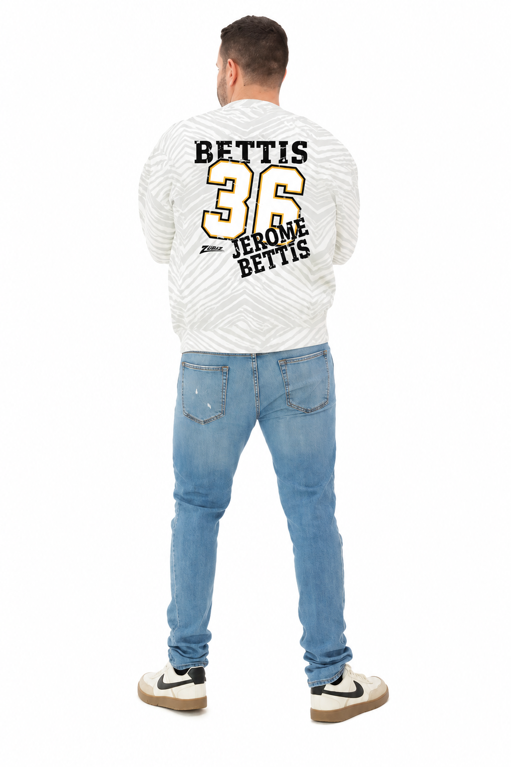Zubaz NFL Unisex Legends 90s Vintage Full back Zebra Crewneck, Jerome Bettis-Pittsburgh Steelers