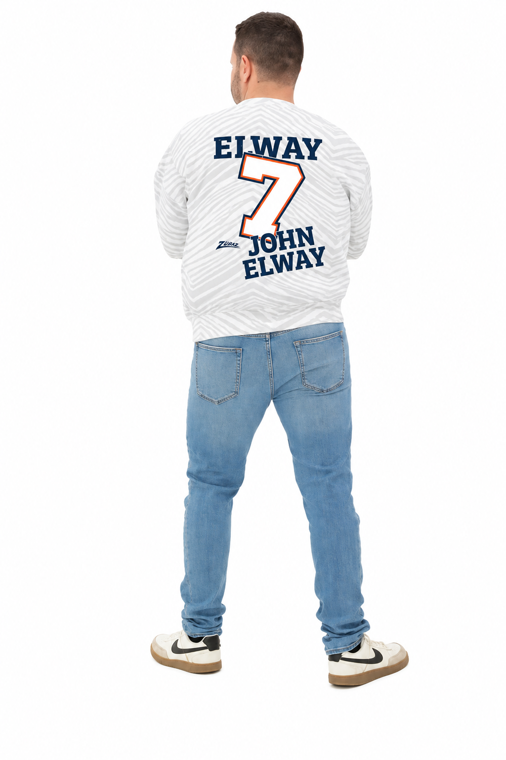 Zubaz NFL Unisex Legends 90s Vintage Full back Zebra Crewneck, John Elway-Denver Broncos