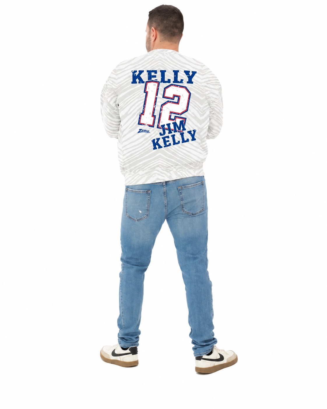 Zubaz NFL Unisex Legends 90s Vintage Full back Zebra Crewneck, Jim Kelly-Buffalo Bills