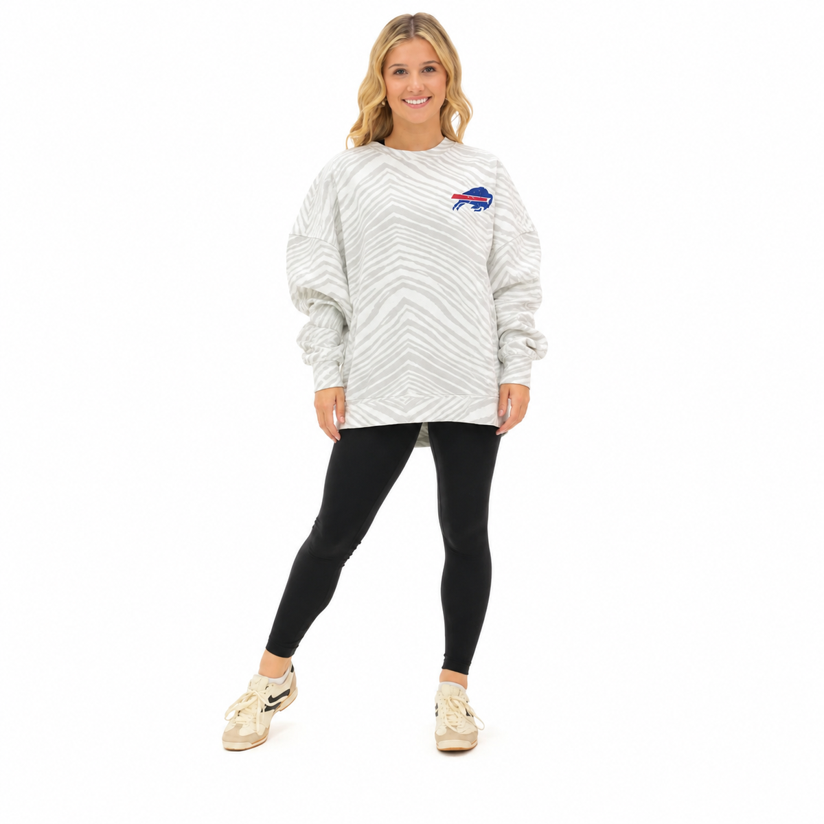 Zubaz NFL Unisex Legends 90s Vintage Full back Zebra Crewneck, Jim Kelly-Buffalo Bills
