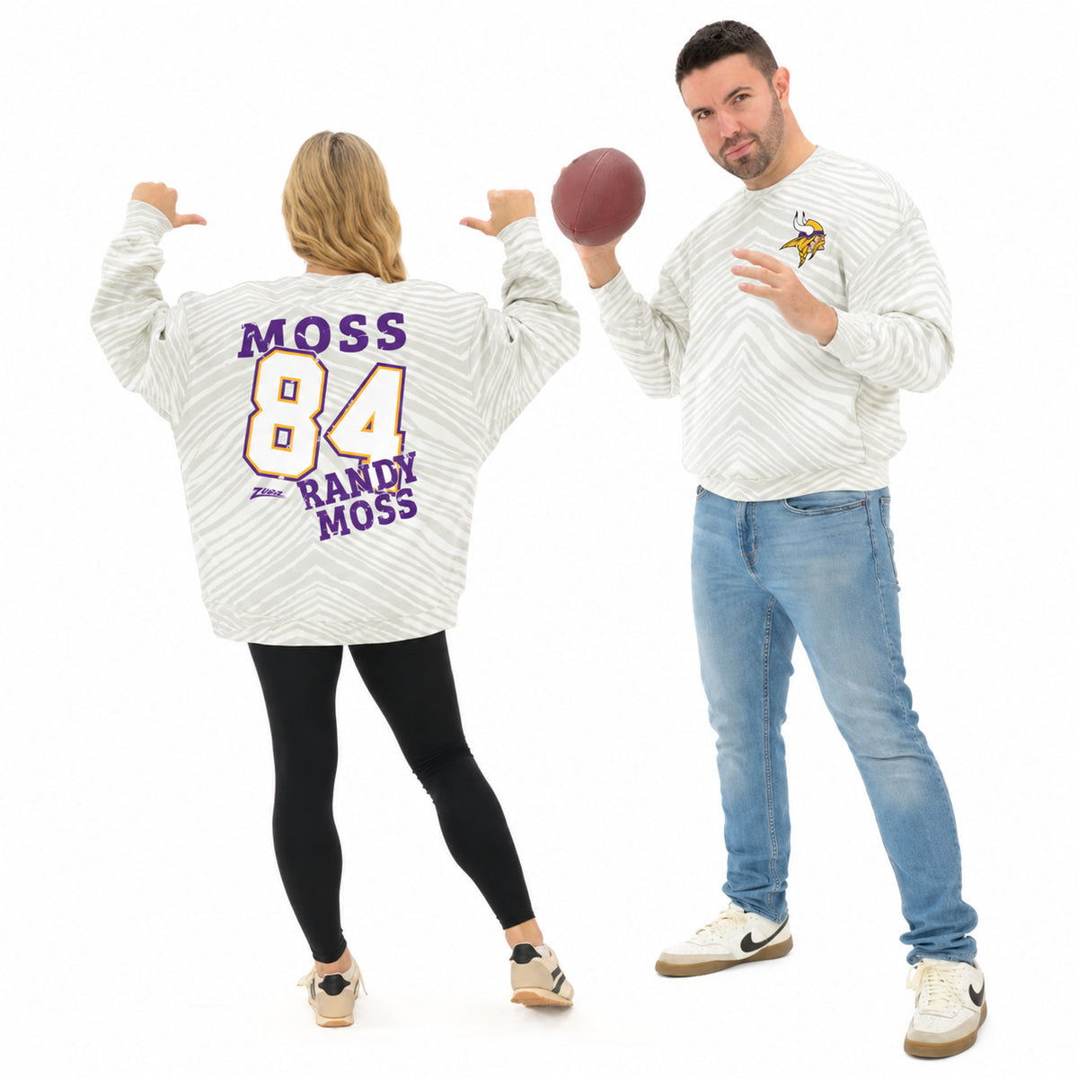 Zubaz NFL Unisex Legends 90s Vintage Full back Zebra Crewneck, Randy Moss-Minnesota Vikings