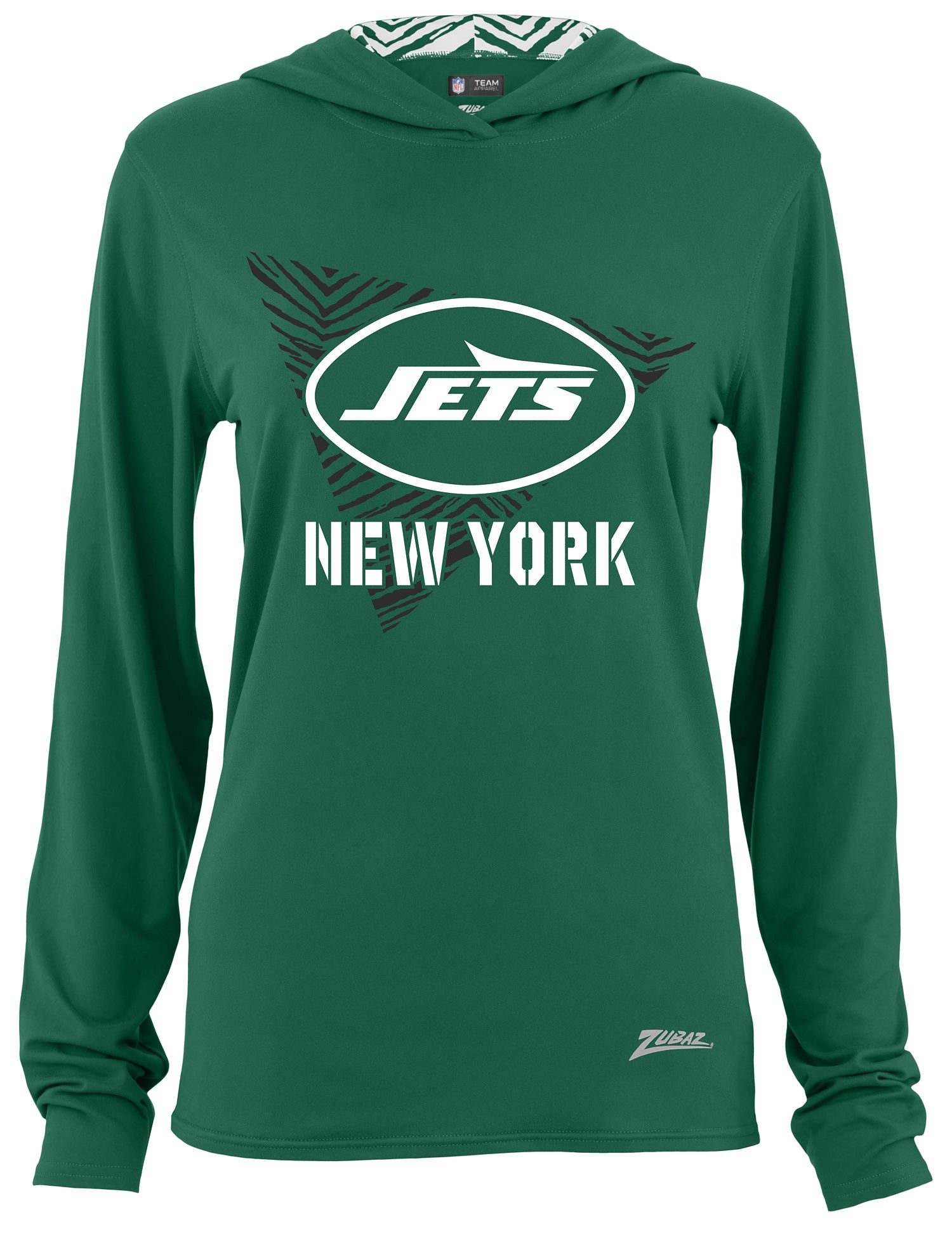 Zubaz NFL Women's Light Weight Team Color Hoodie 2 Tone Zebra Liner, Retro 3 Point Logo, New York Jets