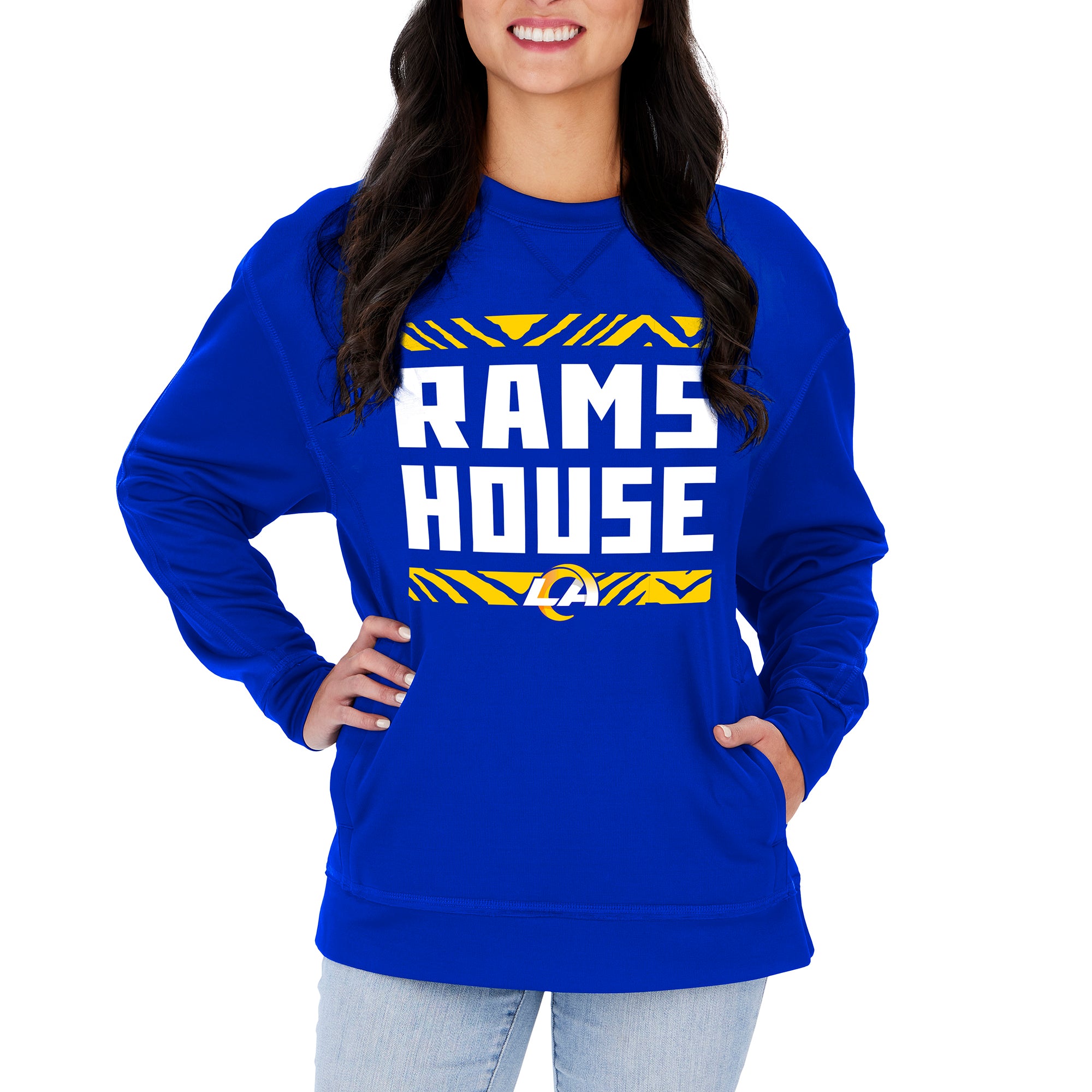 Zubaz NFL Women's Los Angeles Rams Team Color & Slogan Crewneck Sweatshirt