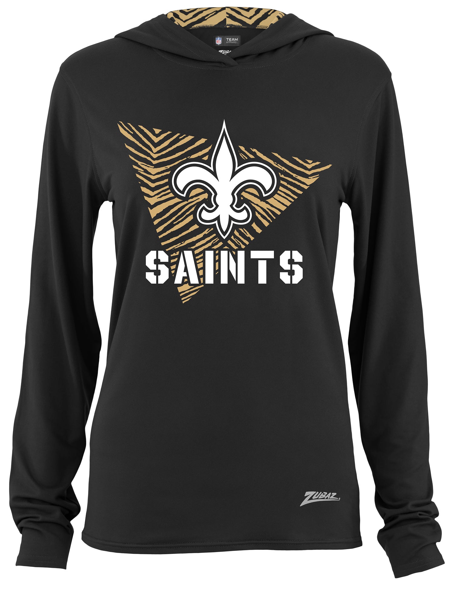 Zubaz NFL Women's Light Weight Team Color Hoodie 2 Tone Zebra Liner, Retro 3 Point Logo, New Orleans Saints