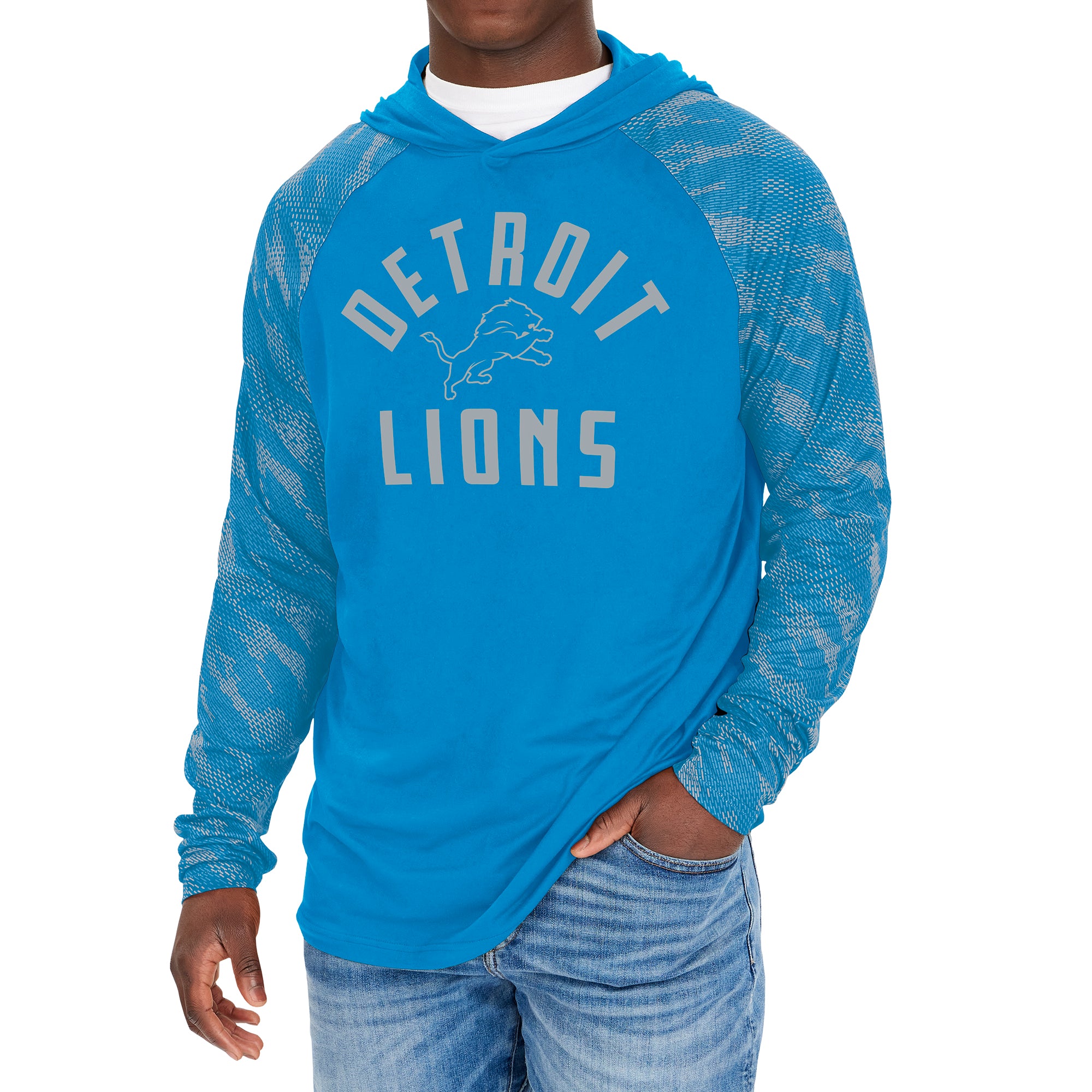 Zubaz NFL Men's DETROIT LIONS SOLID RAINSTORM BLUE LW HOOD W/ RAINSTORM BLUE/GRAY VIPER PRINT SLEEVES Large