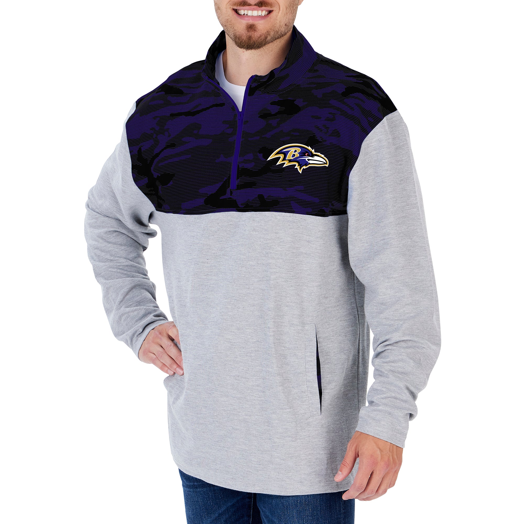 Zubaz Men's NFL Baltimore Ravens Gray 1/4 Zip Fleece Pullover With Camo Lines