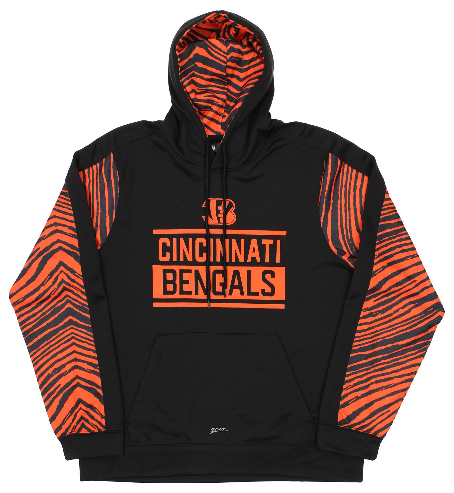 Zubaz NFL RALLY HOUSE CINCINNATI BENGALS SOLID BLACK HOOD W/ 2-COLOR BLACK/ORANGE ZEBRA ACCENTS