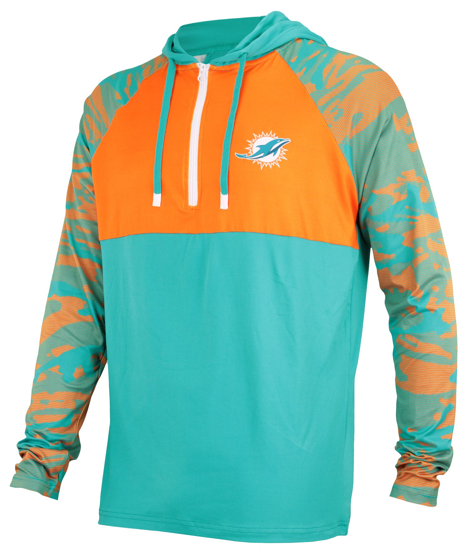 Zubaz NFL Men's Miami Dolphins Team Color Block 1/4 Zip Hoodie W/ Camo Lines