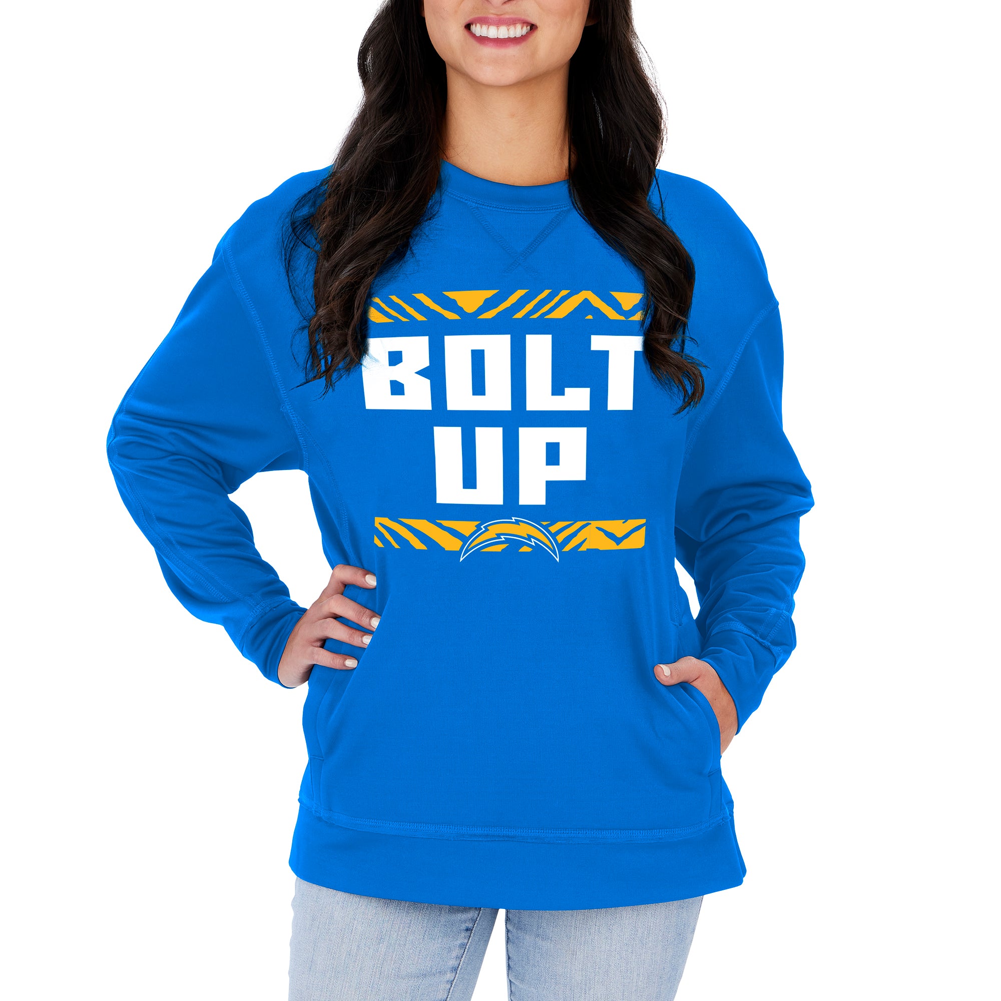 Zubaz NFL Women's Los Angeles Chargers Team Color & Slogan Crewneck Sweatshirt