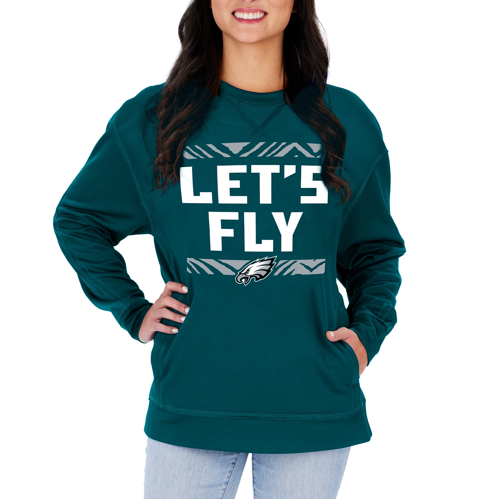 Zubaz NFL Women's Philadelphia Eagles Team Color & Slogan Crewneck Sweatshirt