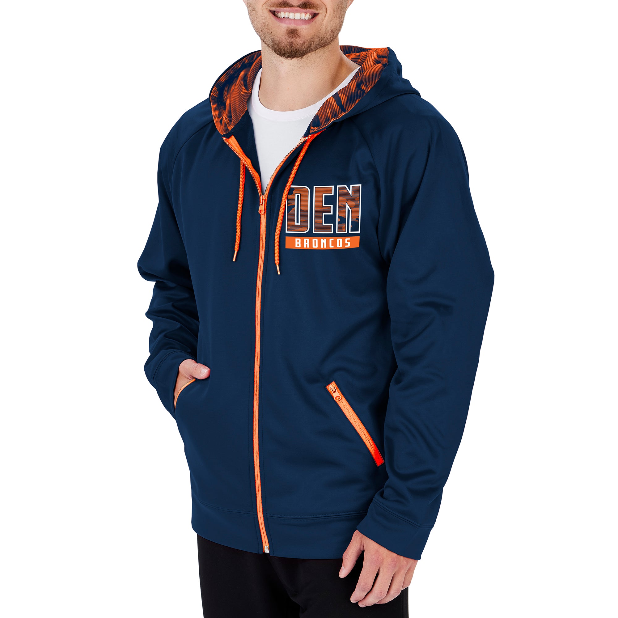 Zubaz NFL Men's DENVER BRONCOS SOLID NAVY BLUE FULL ZIP HOOD W/ NAVY BLUE/ORANGE CAMO LINES HOOD LINER XL