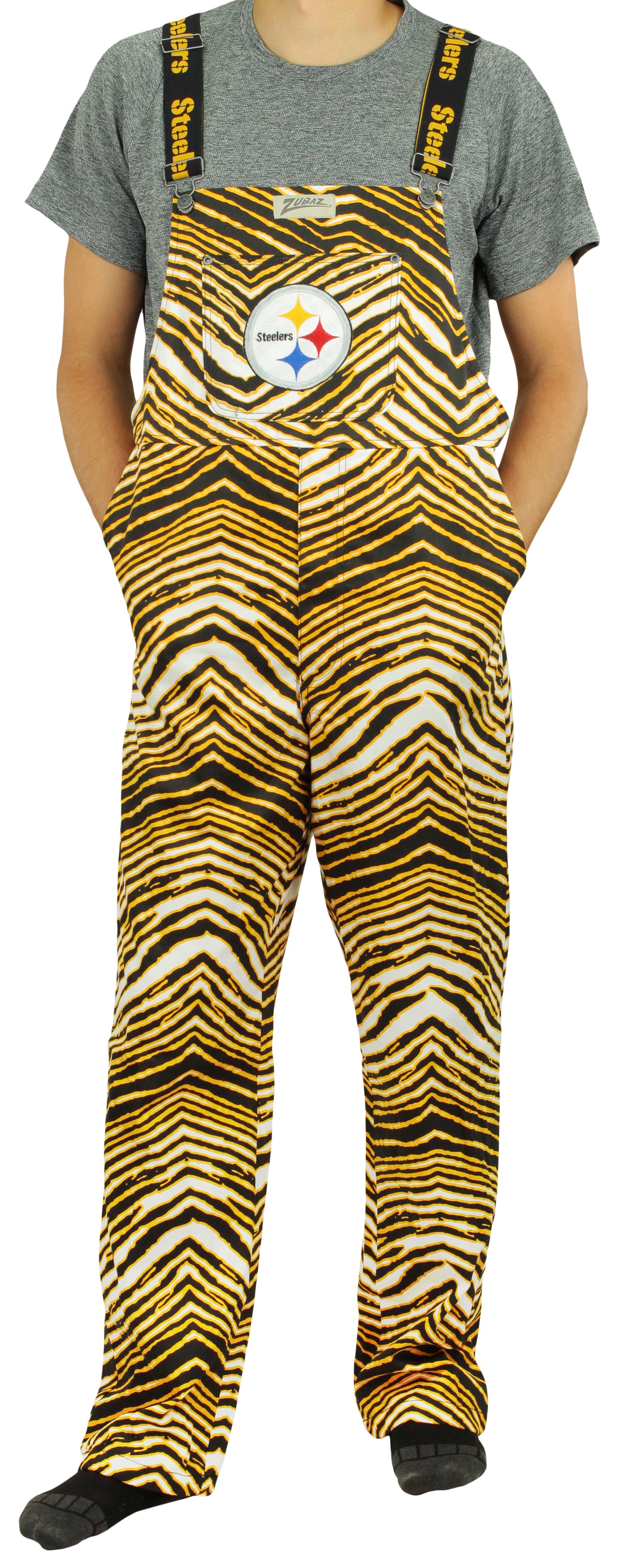 Zubaz NFL Unisex Zebra Lined Bib Overalls for Adult Men and Women, Pittsburgh Steelers