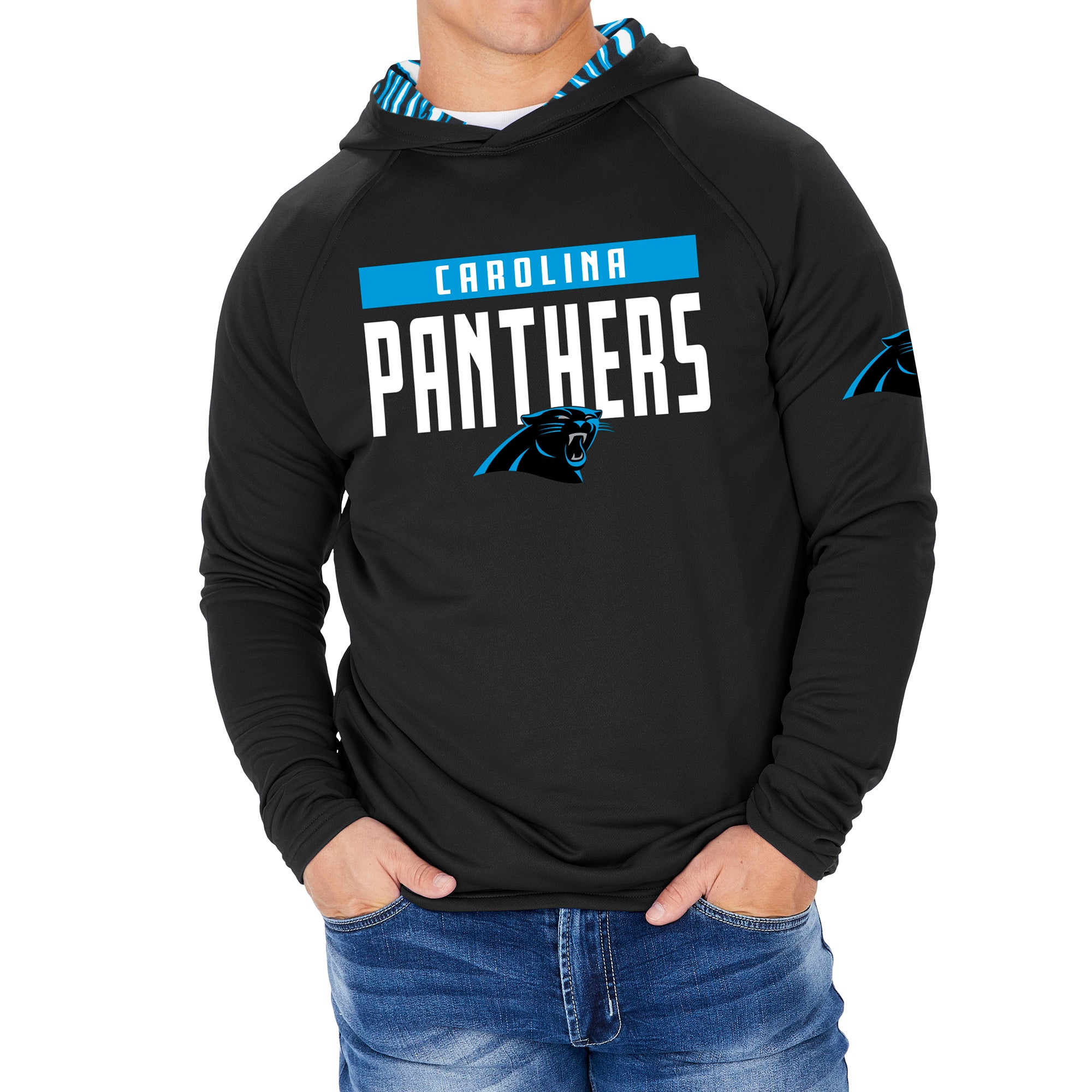 Zubaz NFL Men's Light Weight Team Color Hoodie With 3 Tone Zebra Lined Hood, Great Play Logo, Carolina Panthers