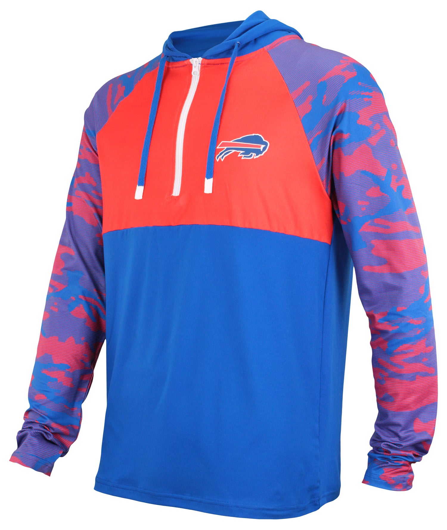 Zubaz NFL BUFFALO BILLS TEAM COLOR BLOCK LIGHTWEIGHT HOOD W/ 1/4 ZIPPER & CAMO LINES SLEEVES