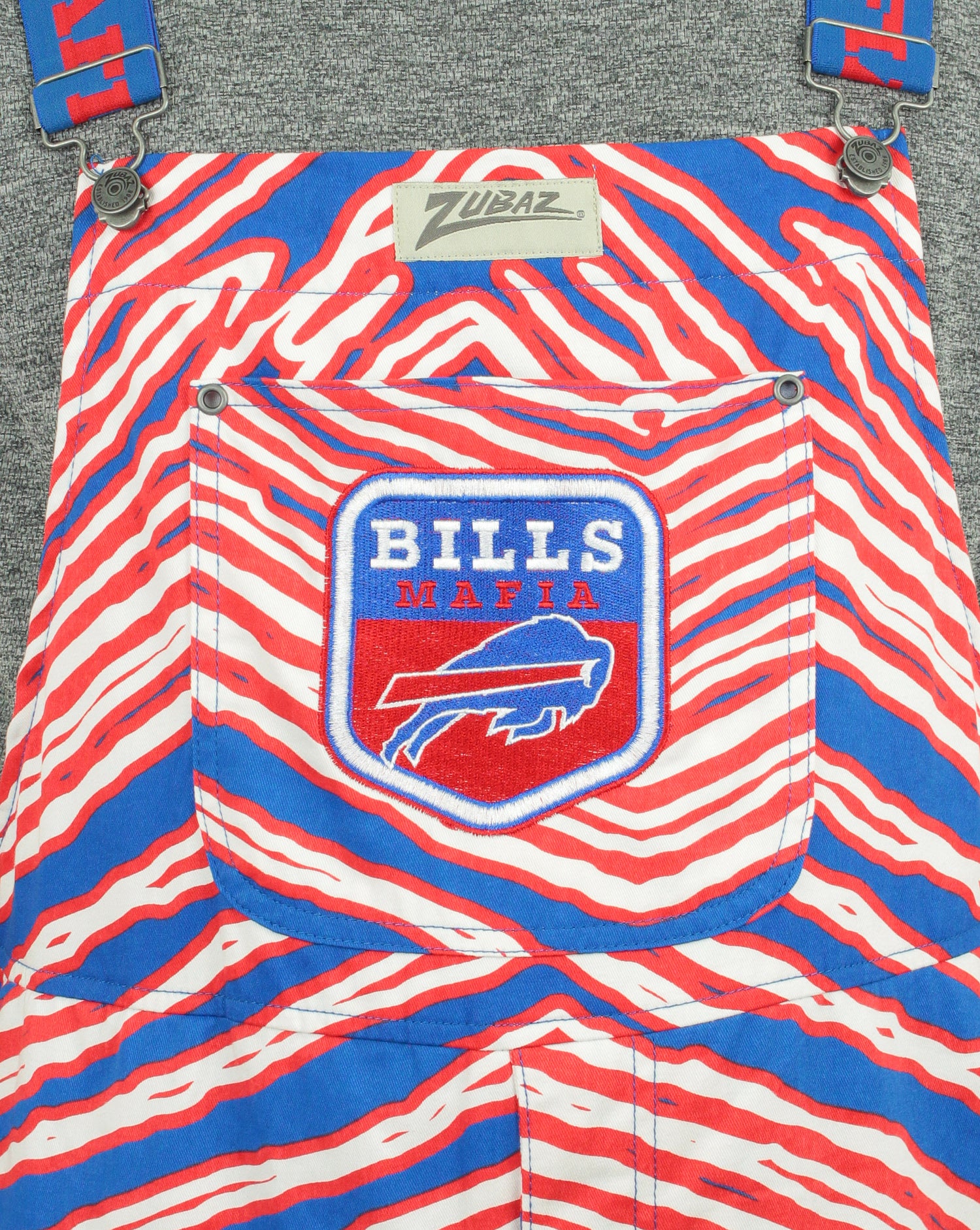 Zubaz NFL BILLS MAFIA ROYAL BLUE/RED ENLARGED ZEBRA OUTLINE BIB OVERALLS