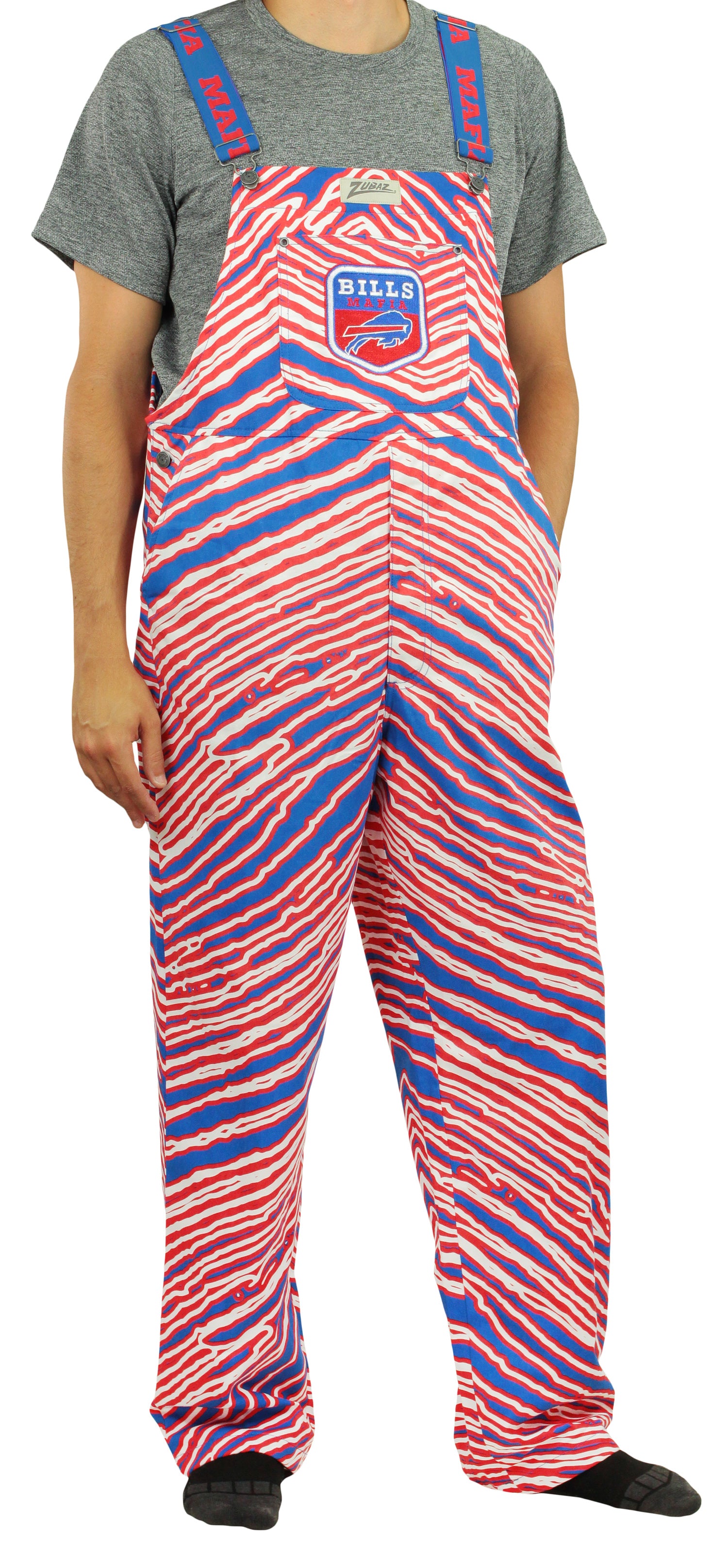 Zubaz NFL BILLS MAFIA ROYAL BLUE/RED ENLARGED ZEBRA OUTLINE BIB OVERALLS