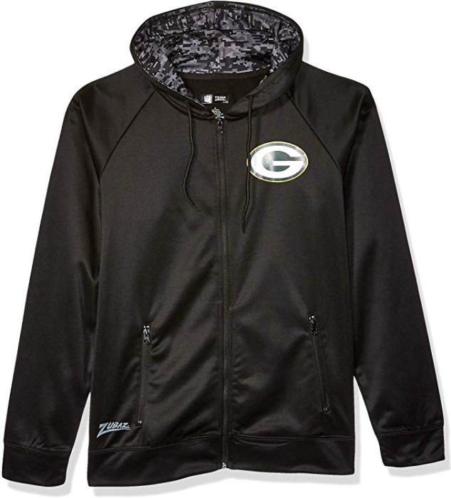 Zubaz NFL Men's Green Bay Packers Full Zip Digital Camo Hood Hoodie, Black