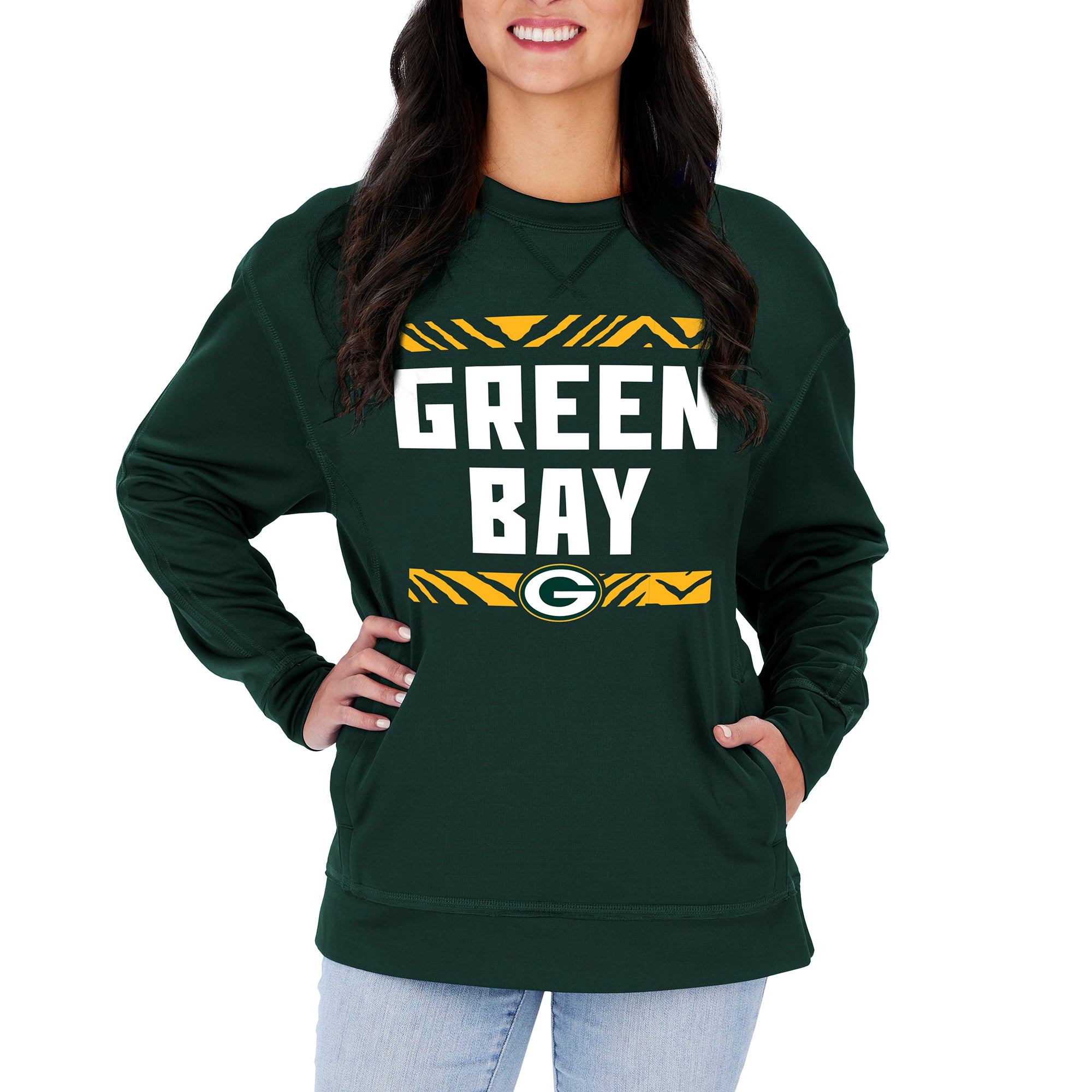 Zubaz NFL Women's Green Bay Packers Team Color & Slogan Crewneck Sweatshirt