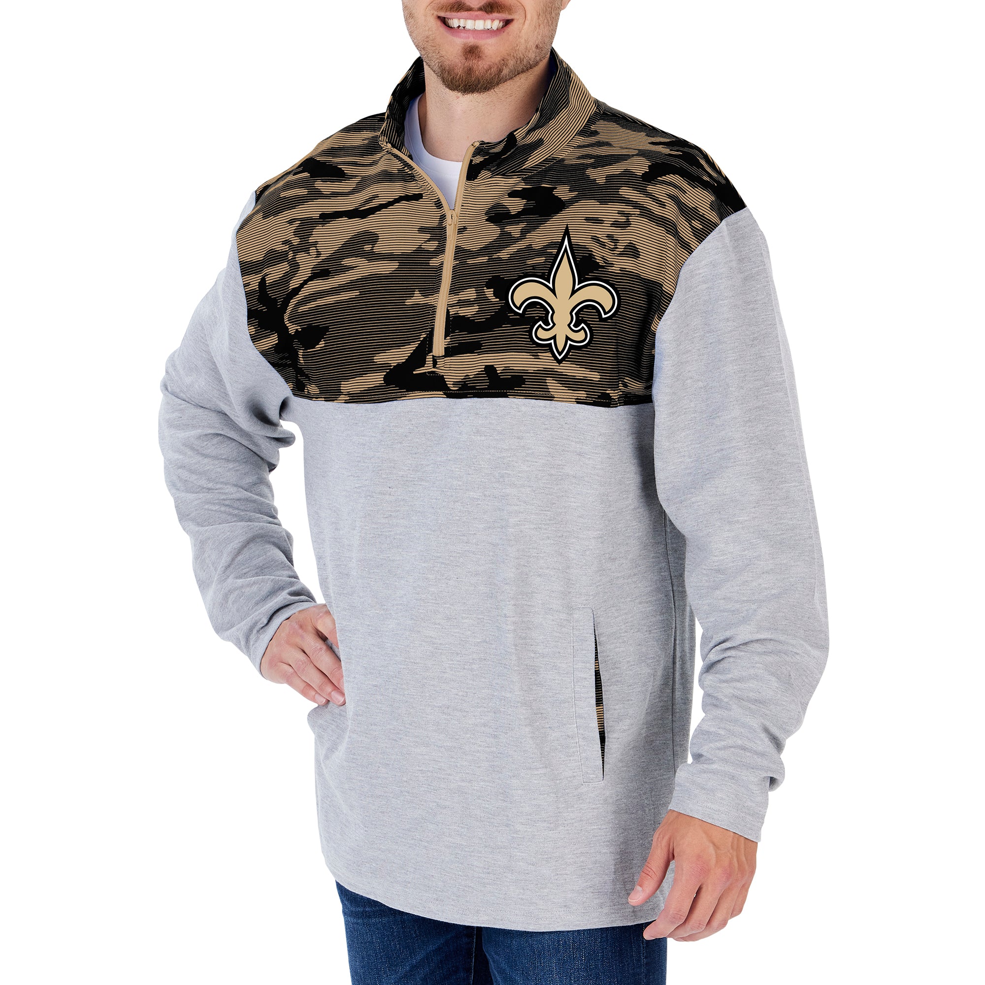 Zubaz Men's NFL New Orleans Saints 1/4 Zip Fleece Pullover with Camo Lines