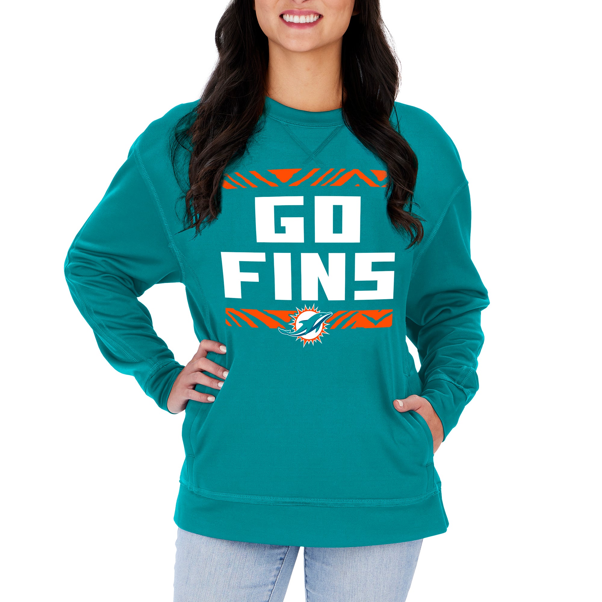 Zubaz NFL Women's Miami Dolphins Team Color & Slogan Crewneck Sweatshirt