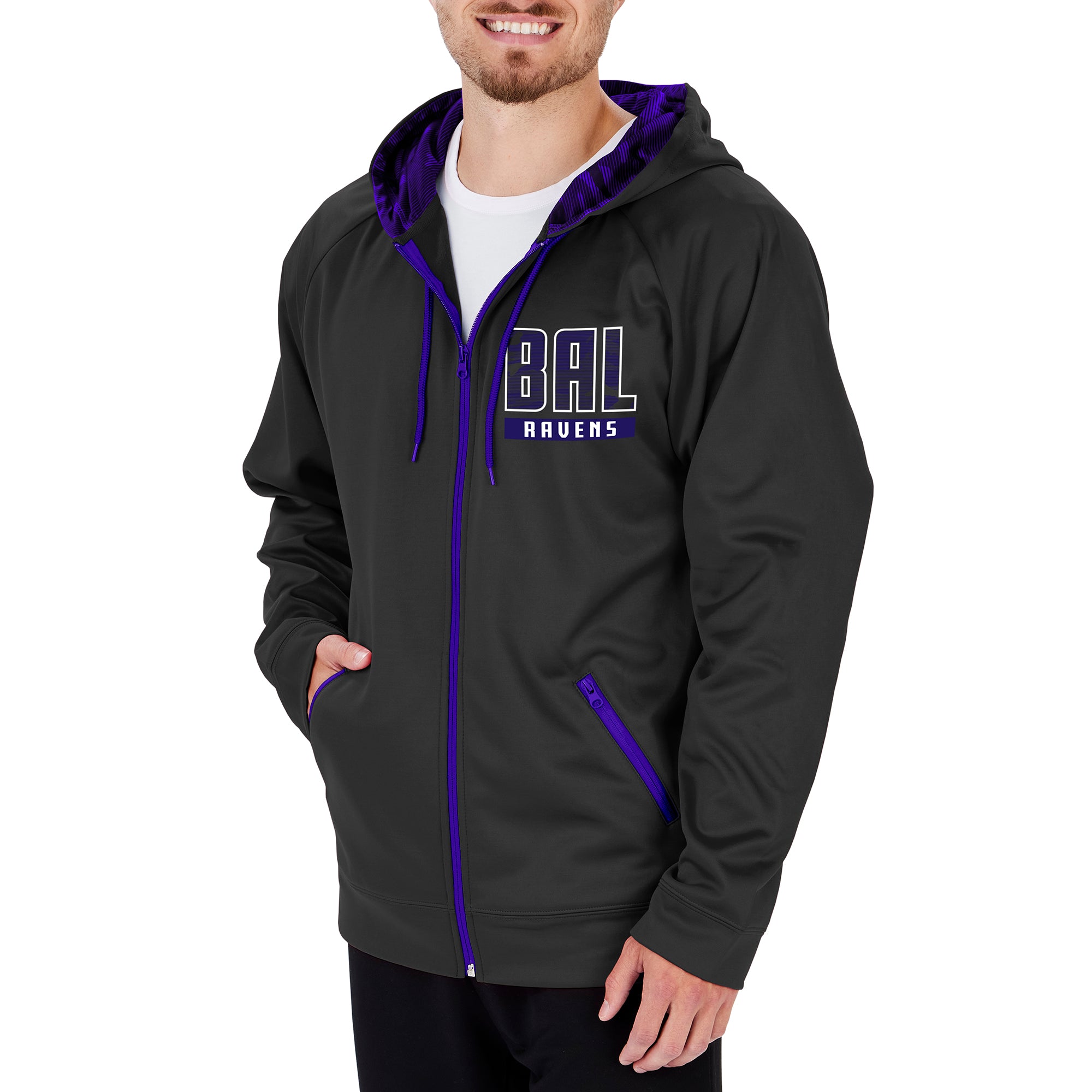 Zubaz NFL Men's Baltimore Ravens Full Zip Camo Hoodie With Team Color Camo Lines