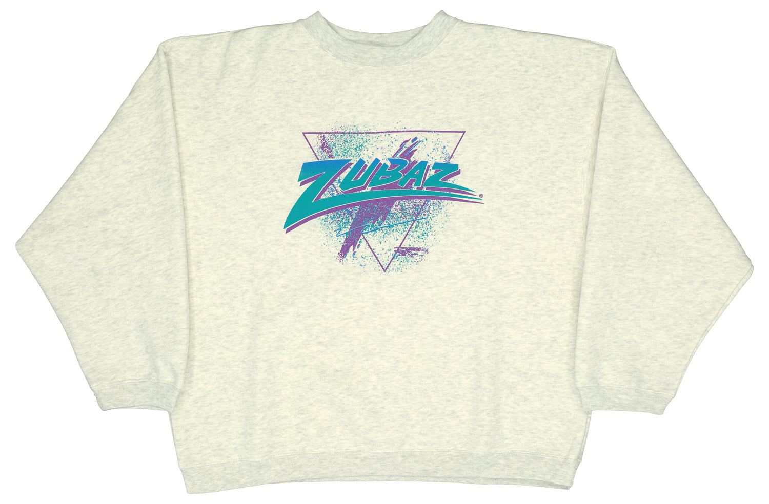 ZUBAZ 88 HEATHER GRAY OVERSIZED CREW SWEATSHIRT W/ PURPLE/AQUA CONFETTI GRAPHIC