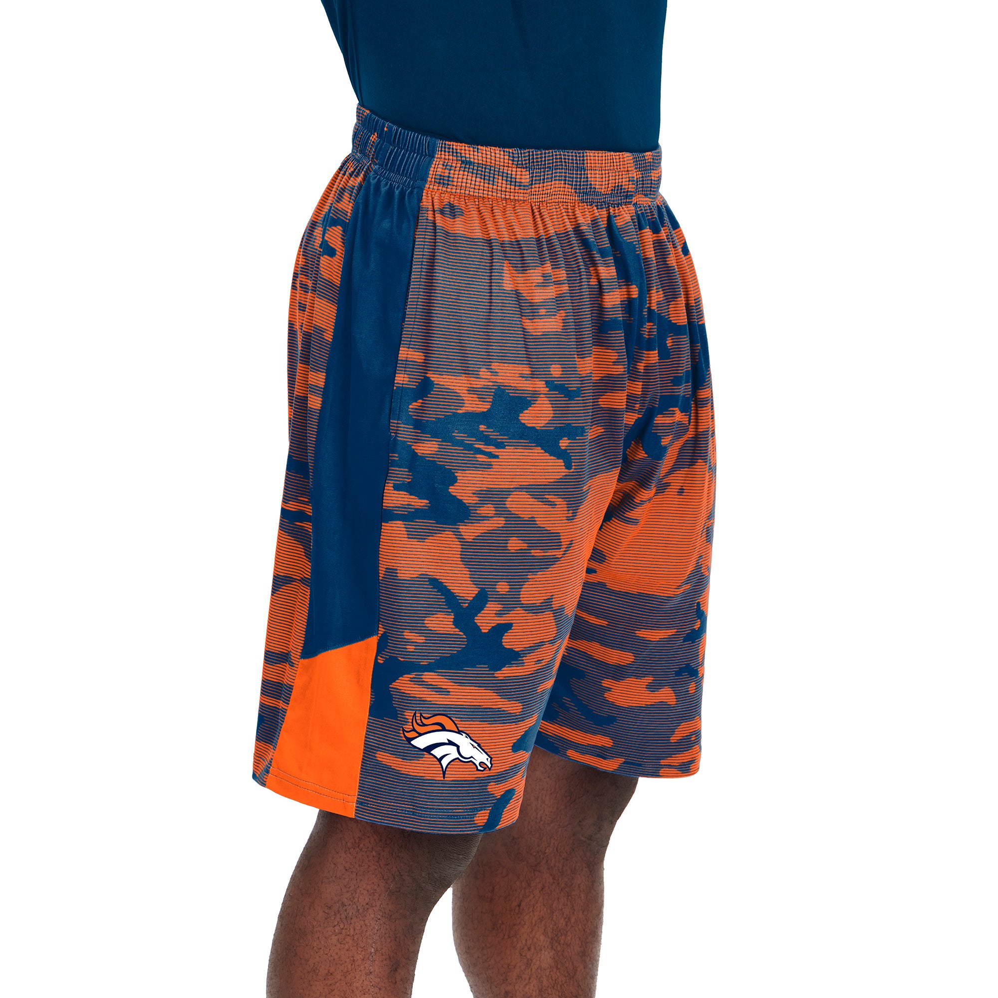 Zubaz NFL Men's DENVER BRONCOS NAVY BLUE/ORANGE CAMO LINES SHORT W/ SOLID SIDE PANELS Large