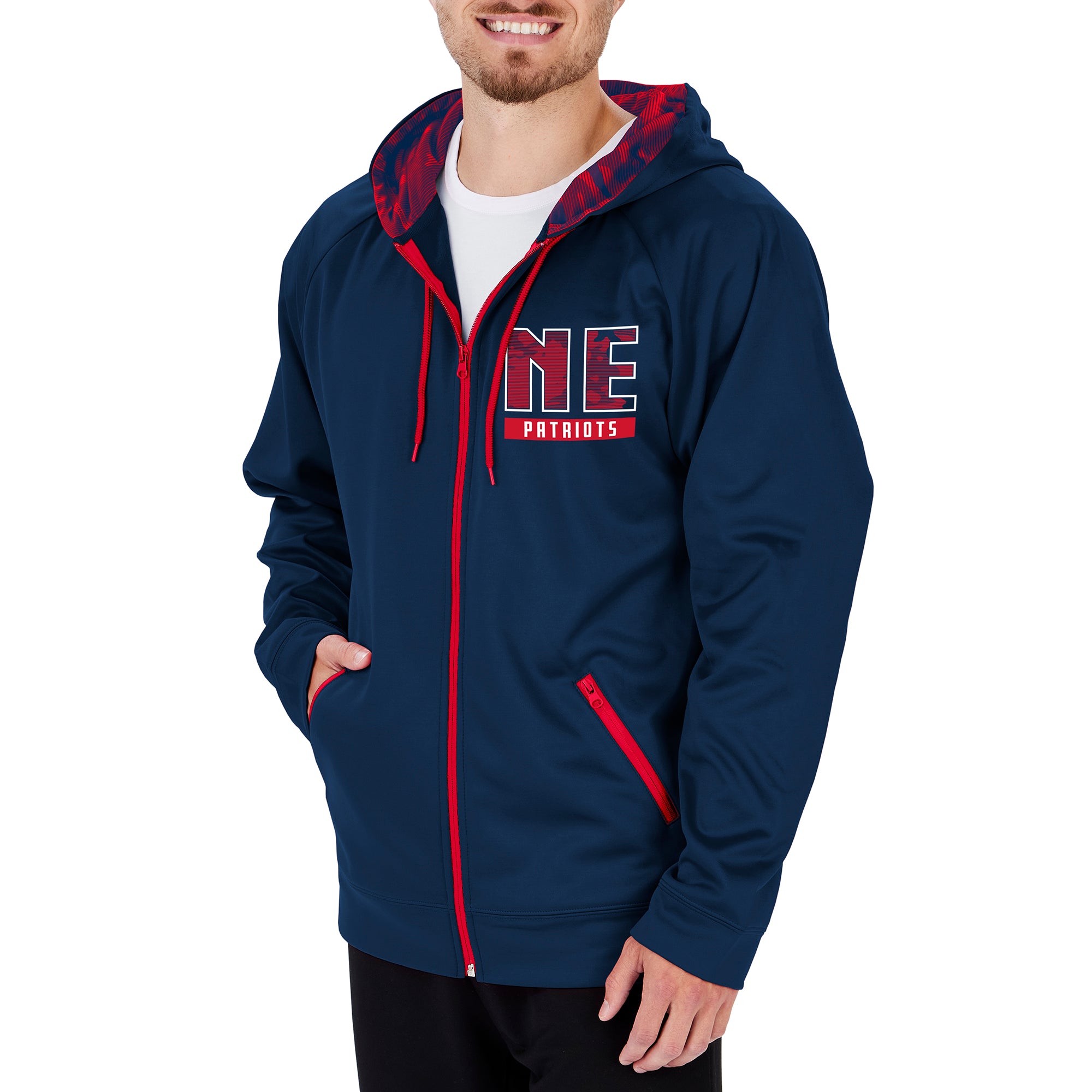 Zubaz NFL Men's NEW ENGLAND PATRIOTS SOLID NAVY BLUE FULL ZIP HOOD W/ NAVY BLUE/RED CAMO LINES HOOD LINER XL