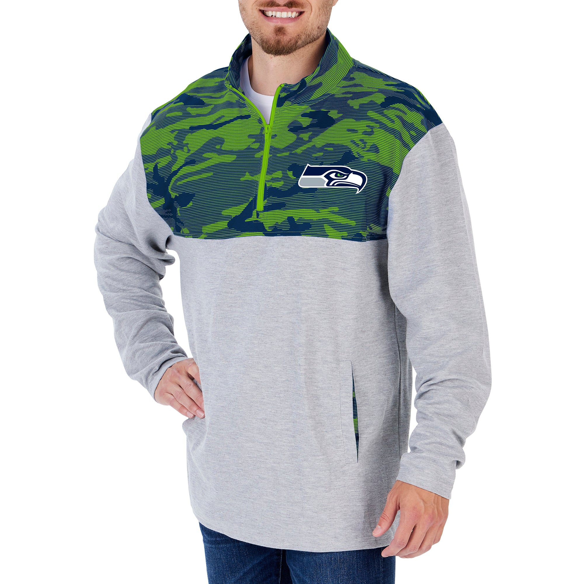 Zubaz NFL Men's Seattle Seahawks 1/4 Zip Fleece Pullover With Camo Lines