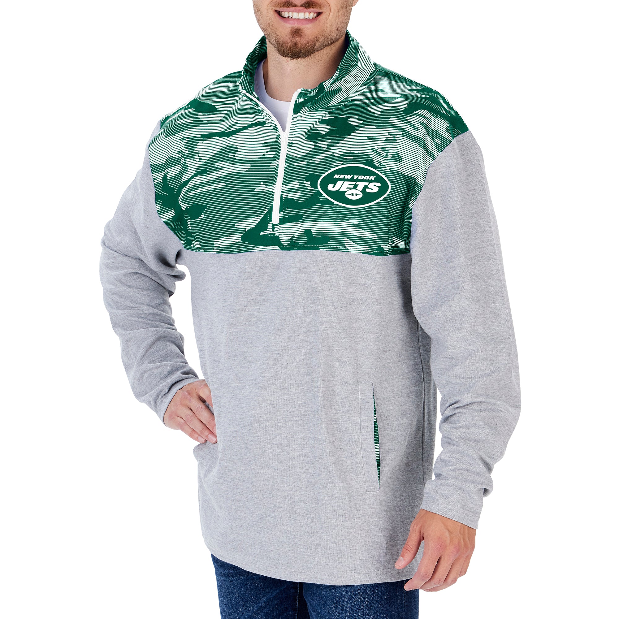 Zubaz Men's NFL New York Jets 1/4 Zip Fleece Pullover with Camo Lines