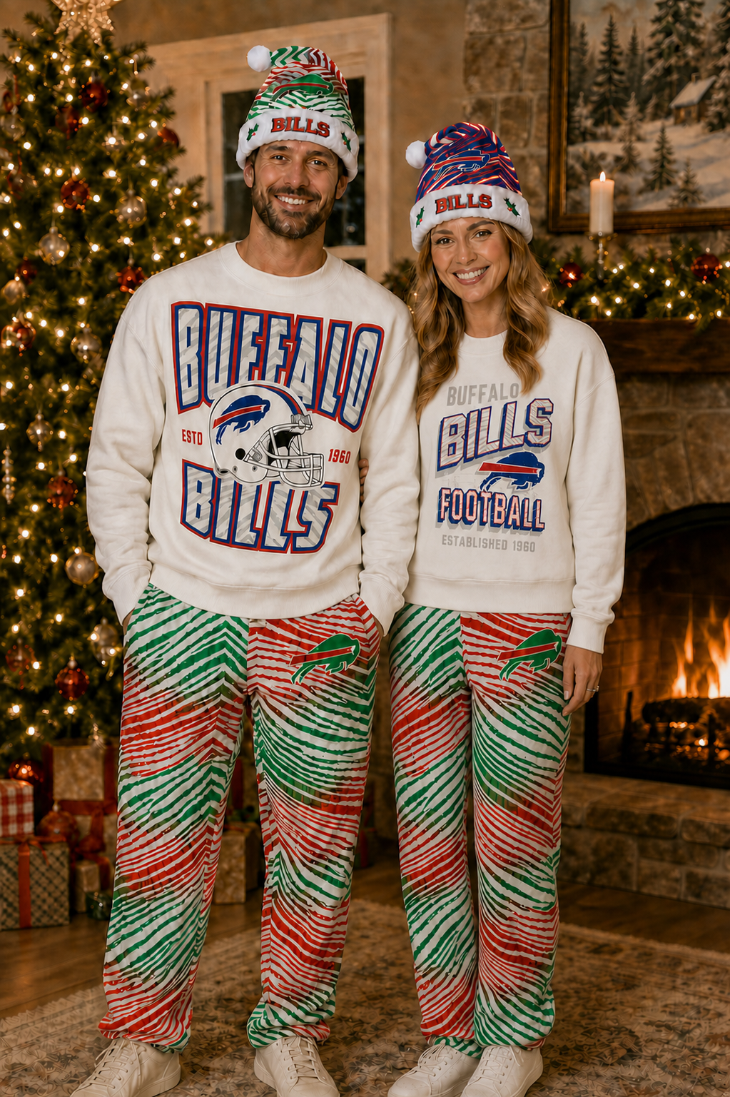 Zubaz holiday gameday gear — Santa hats and holiday ombre pants by the Christmas tree