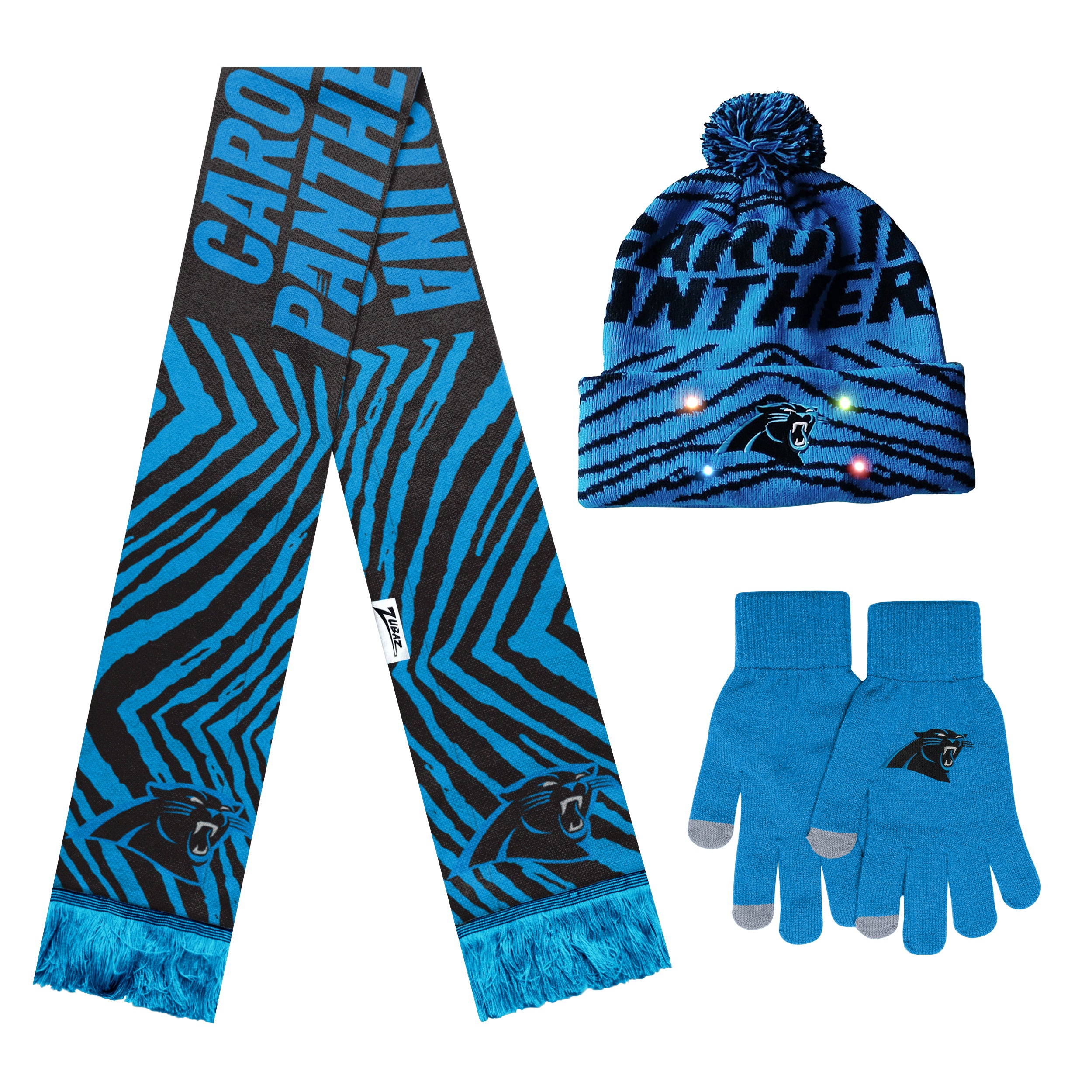 FOCO X Zubaz NFL Collab 3 Pack Glove Scarf & Hat Outdoor Winter Set, Carolina Panthers