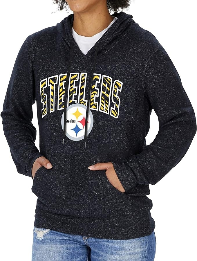 Zubaz NFL PITTSBURGH STEELERS MARLED BLACK WOMENS SOFT HOOD W/ ZEBRA GRAPHIC Small